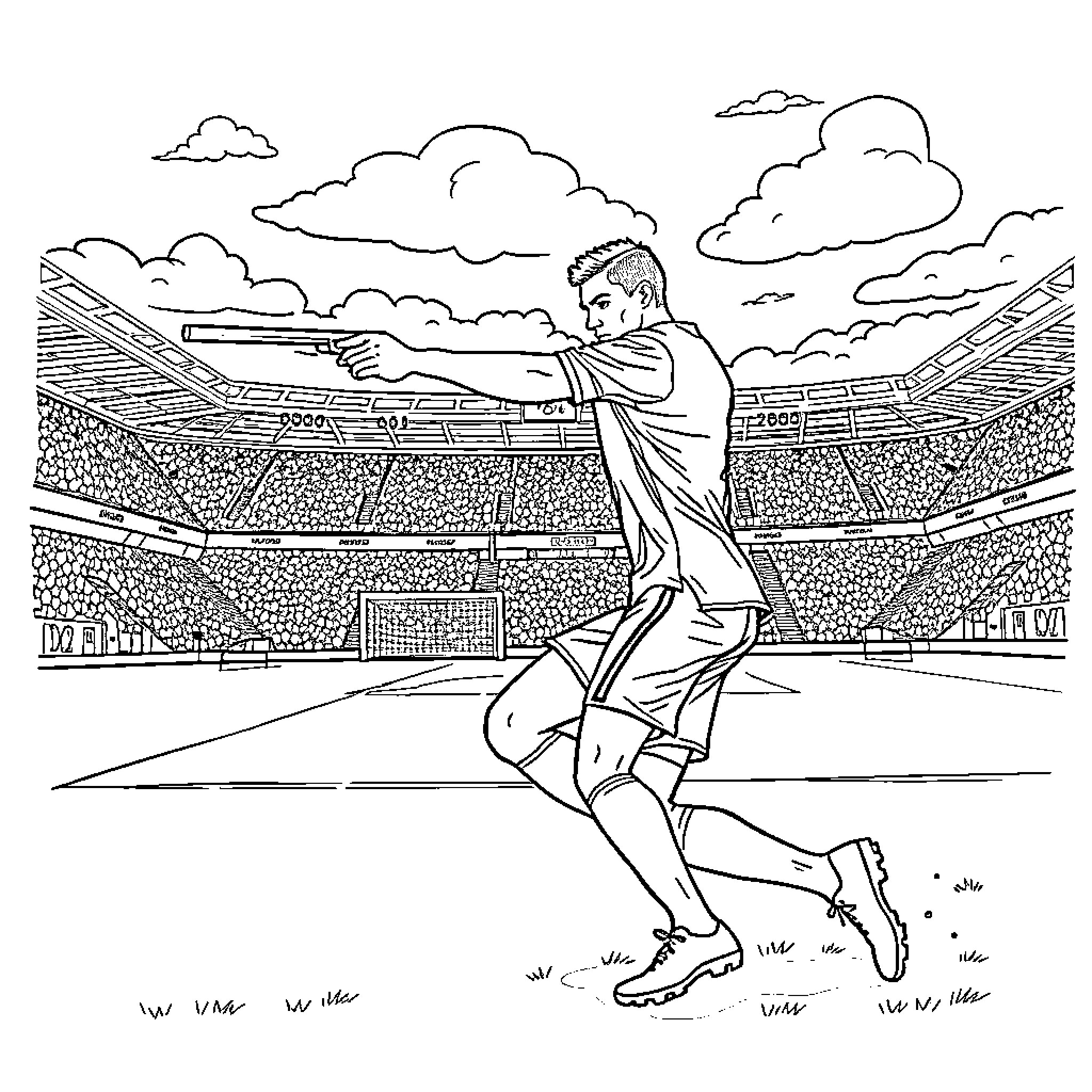 Ronaldo Celebrating Victory on the Soccer Field Coloring Page (free black-and-white line drawing printable PDF for all, from beginners to advanced learners, including children, teens, adults, and seniors)