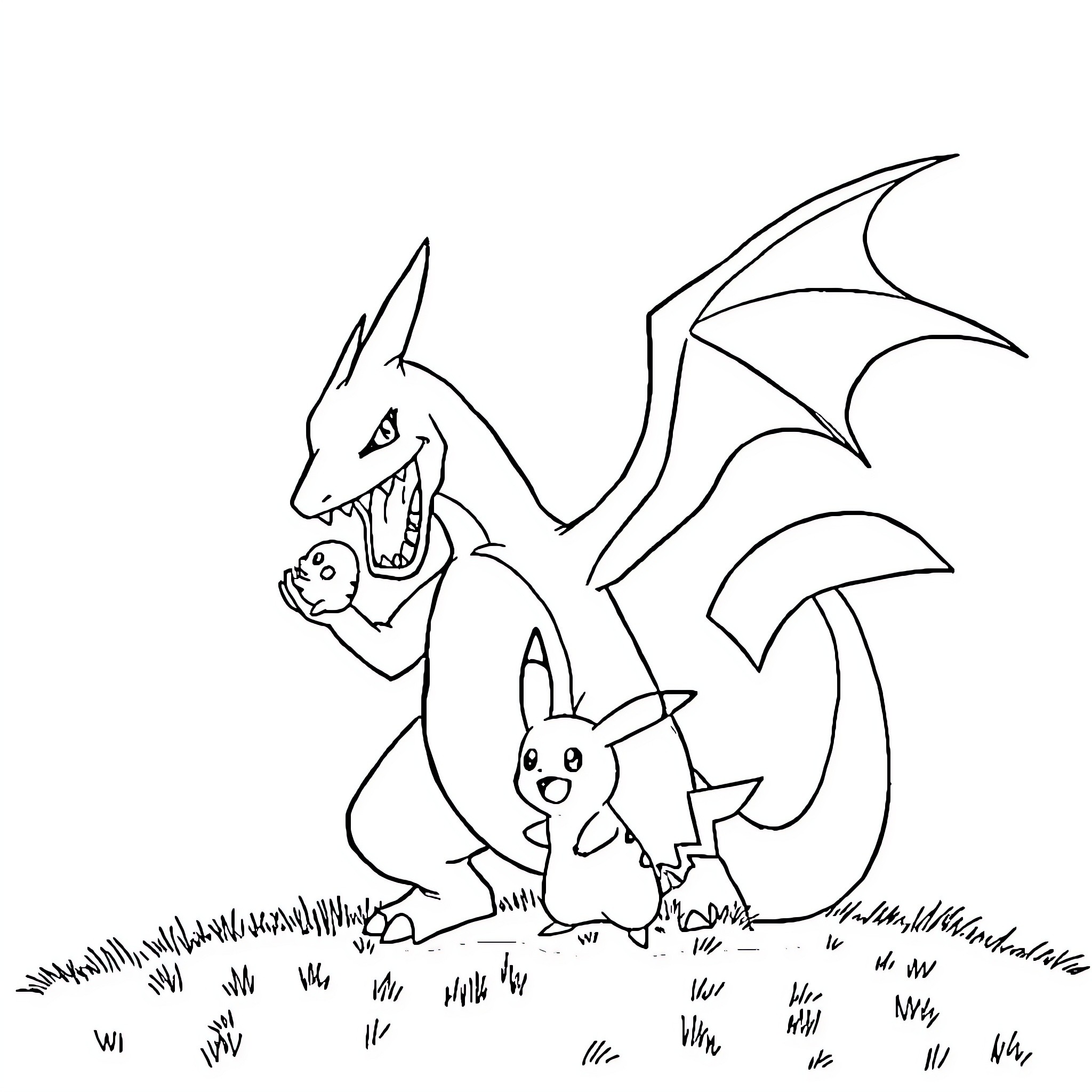 Charizard and Pikachu adventure in the wilderness Coloring Page (free black-and-white line drawing printable PDF for all, from beginners to advanced learners, including children, teens, adults, and seniors)