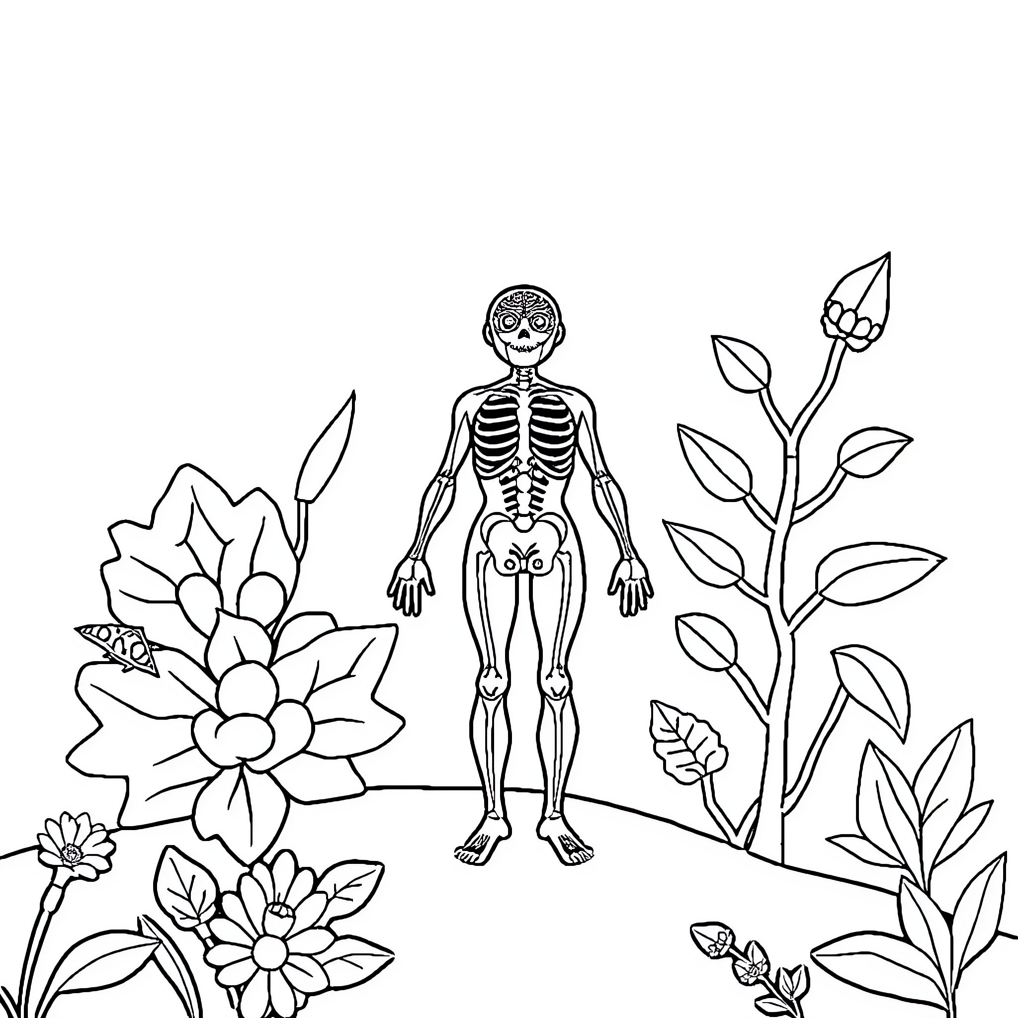 Human Body Systems - Skeleton surrounded by flowers Coloring Page (free black-and-white line drawing printable PDF for all, from beginners to advanced learners, including children, teens, adults, and seniors)