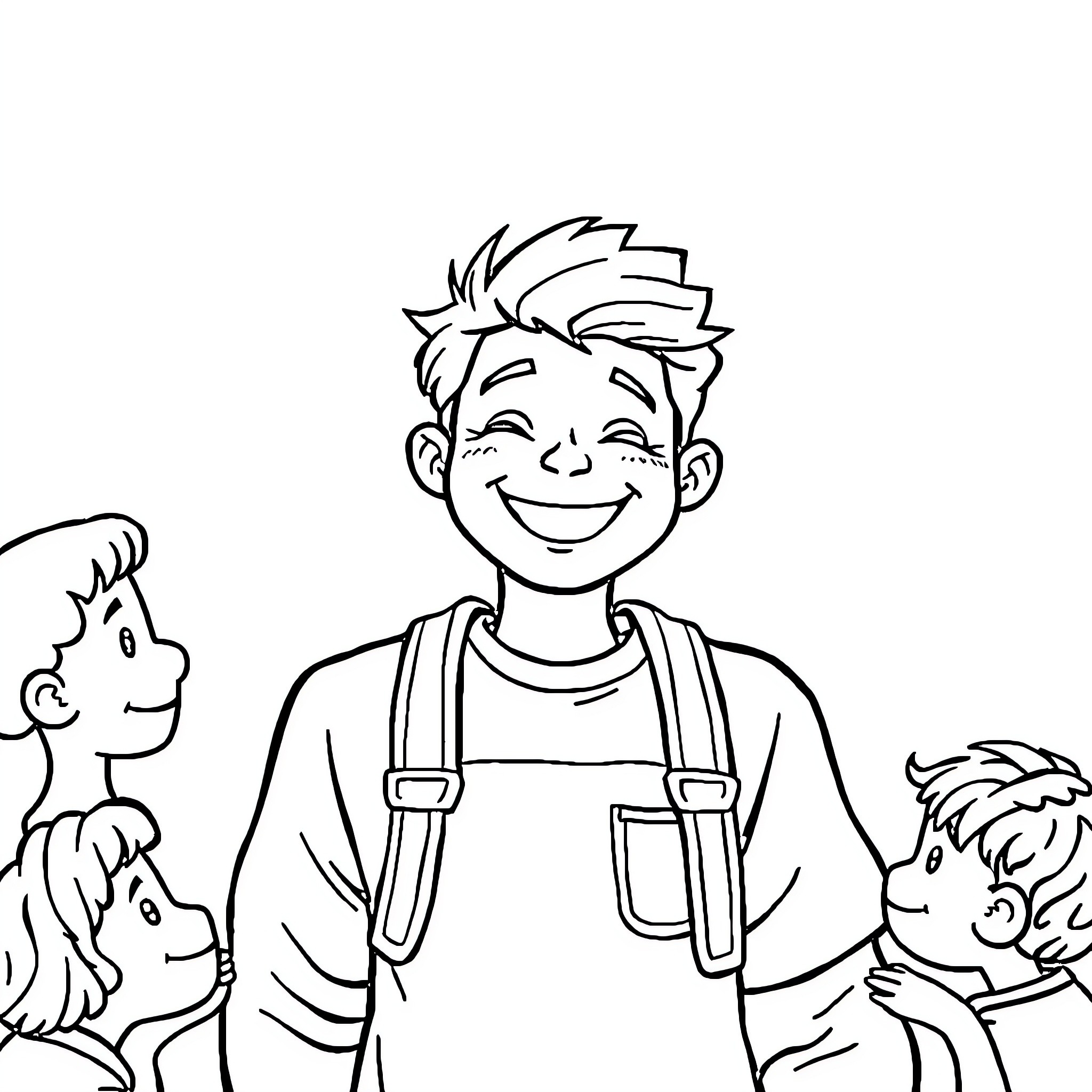Person smiling cheerfully with friends Coloring Page (free black-and-white line drawing printable PDF for all, from beginners to advanced learners, including children, teens, adults, and seniors)