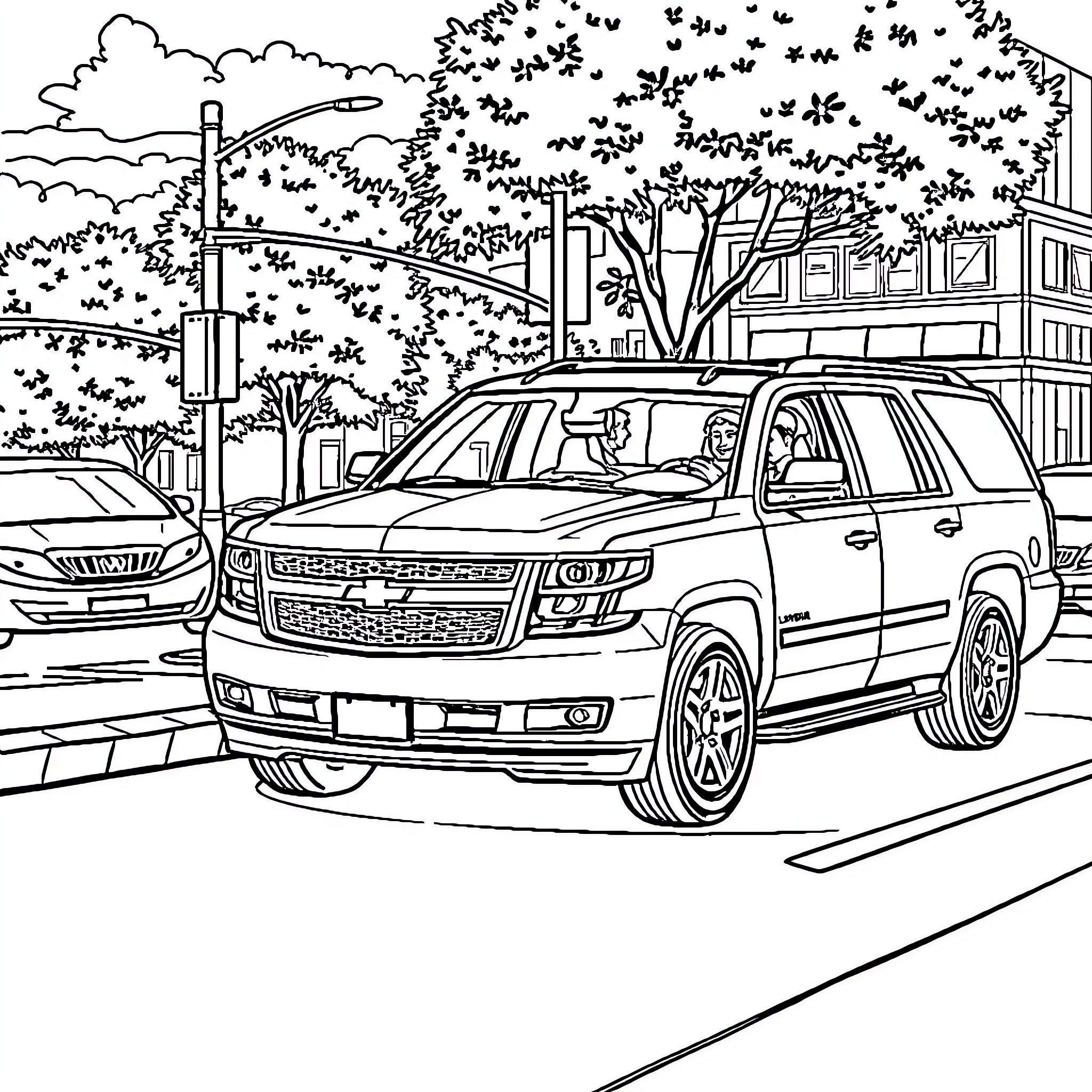Jerail Landry's SUV on a city street Coloring Page (free black-and-white line drawing printable PDF for all, from beginners to advanced learners, including children, teens, adults, and seniors)