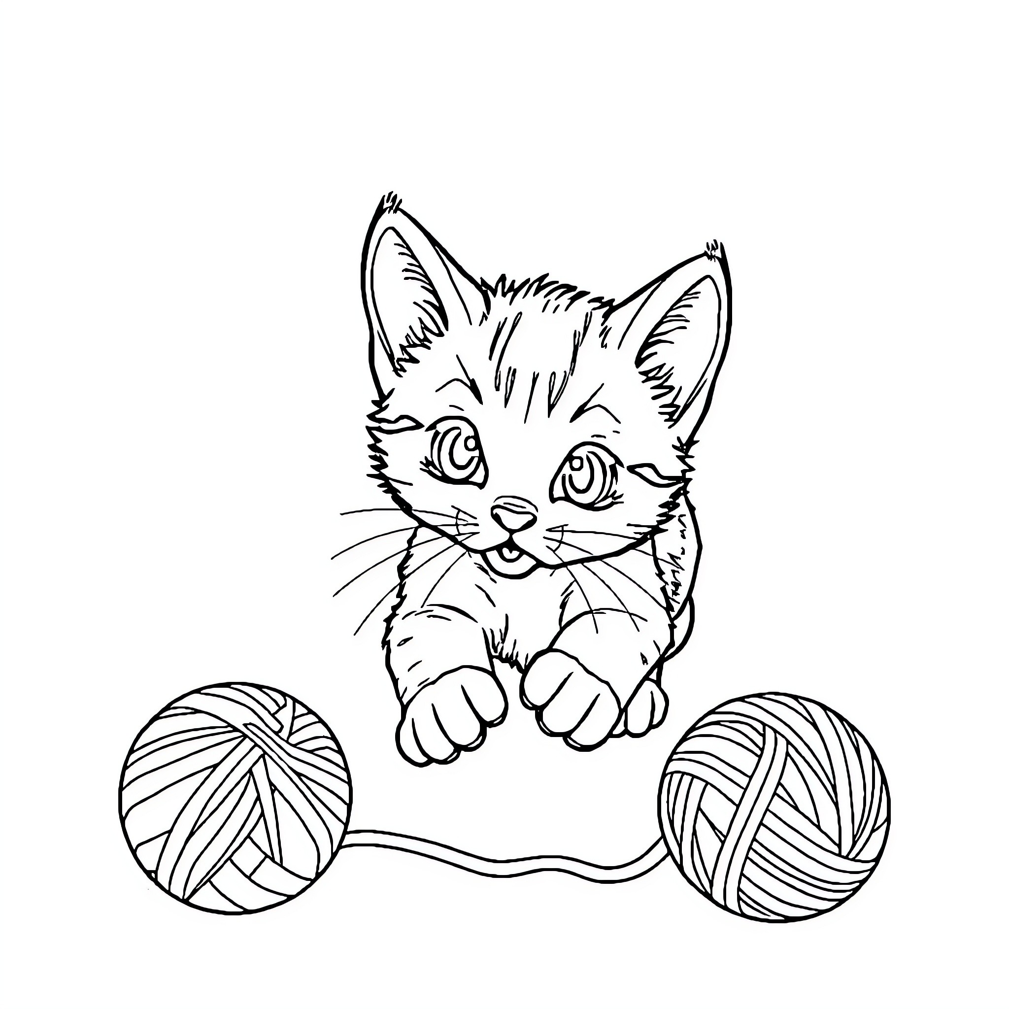 Cat playing with yarn balls Coloring Page (free black-and-white line drawing printable PDF for all, from beginners to advanced learners, including children, teens, adults, and seniors)