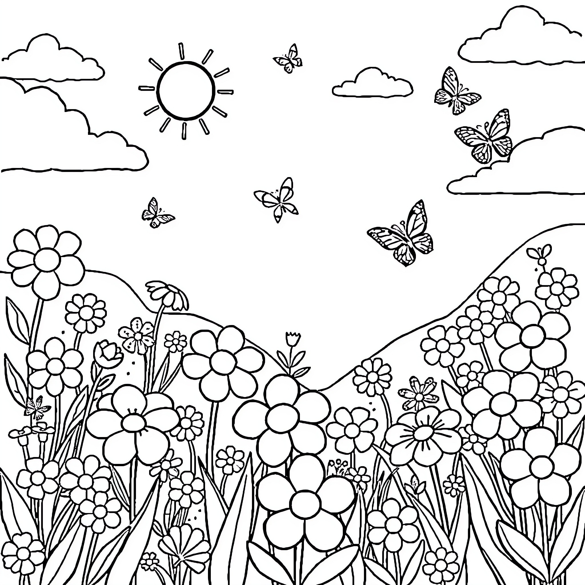Garden scene with flowers and butterflies Coloring Page (free black-and-white line drawing printable PDF for all, from beginners to advanced learners, including children, teens, adults, and seniors)