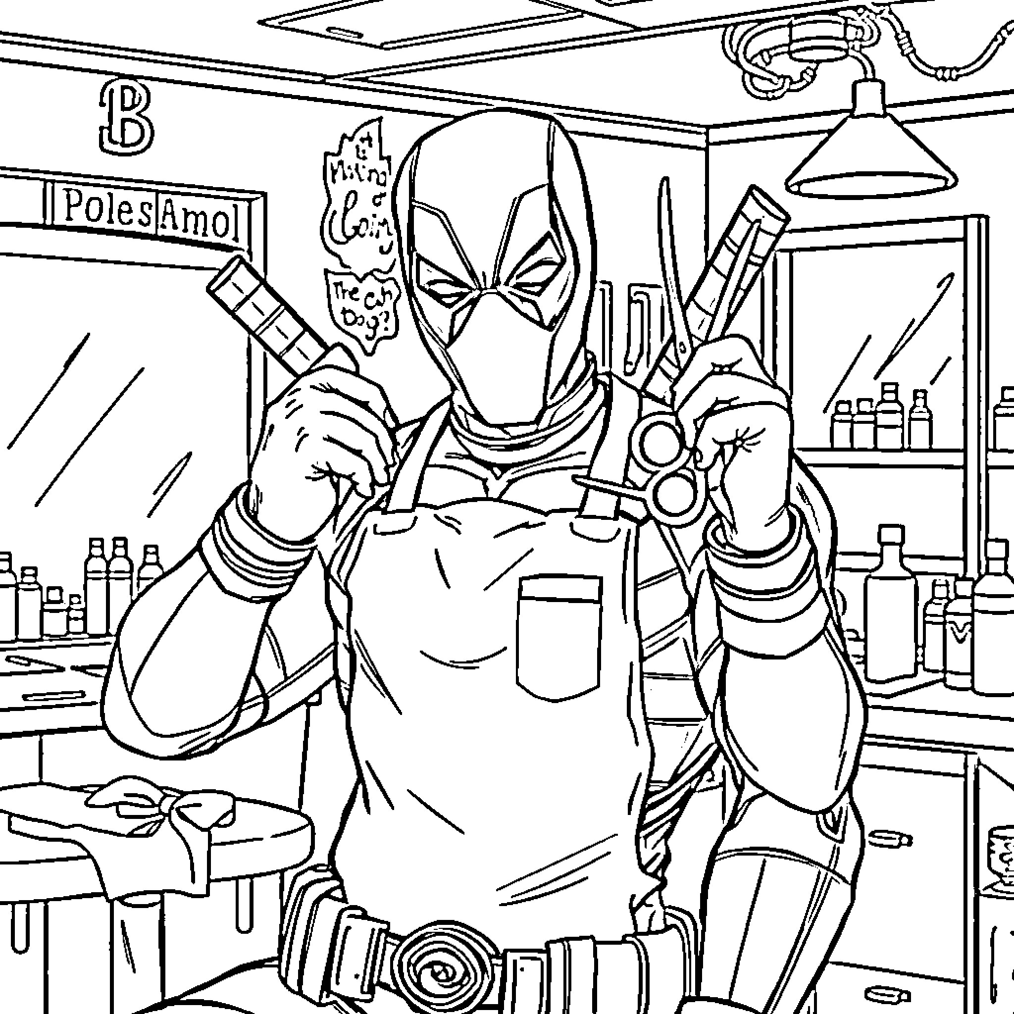 Deadpool in an action-packed scene Coloring Page (free black-and-white line drawing printable PDF for all, from beginners to advanced learners, including children, teens, adults, and seniors)