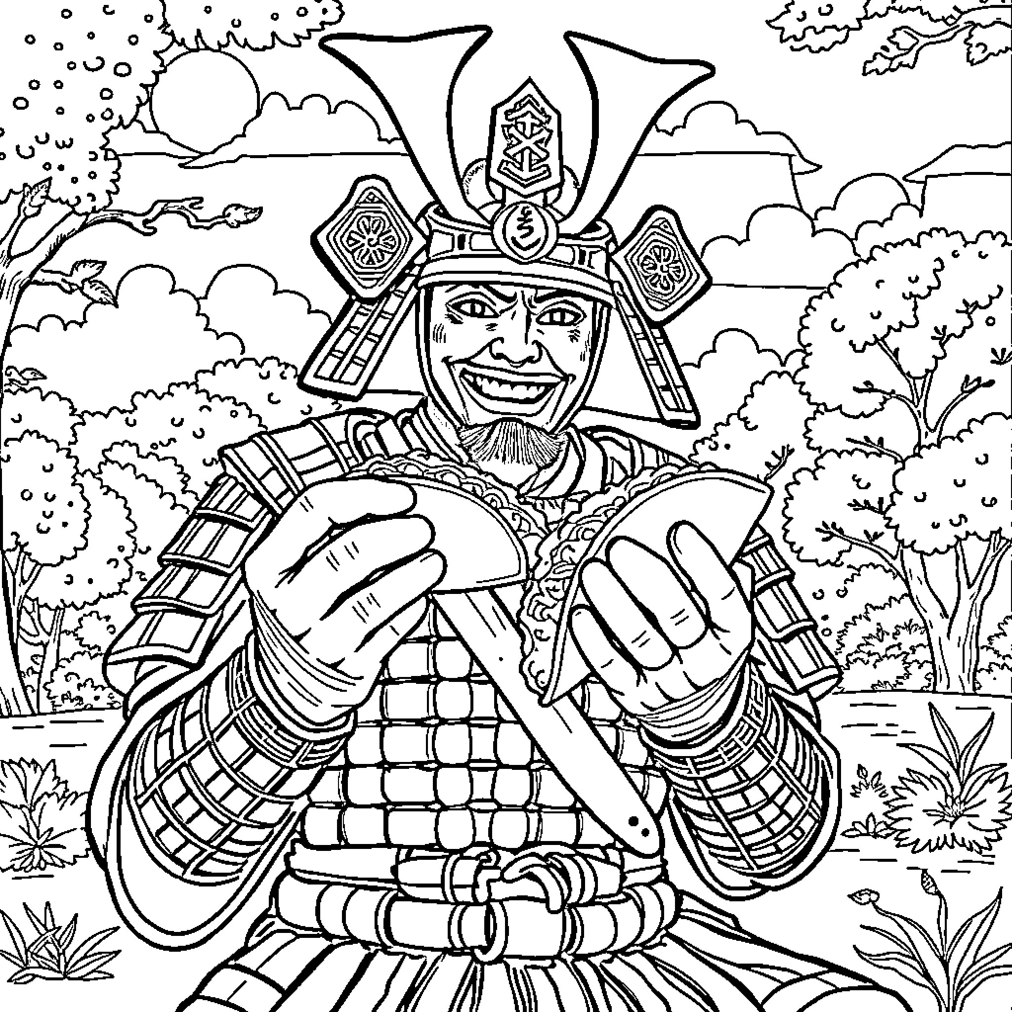 Samurai Warrior's Confident Stance Coloring Page (free black-and-white line drawing printable PDF for all, from beginners to advanced learners, including children, teens, adults, and seniors)