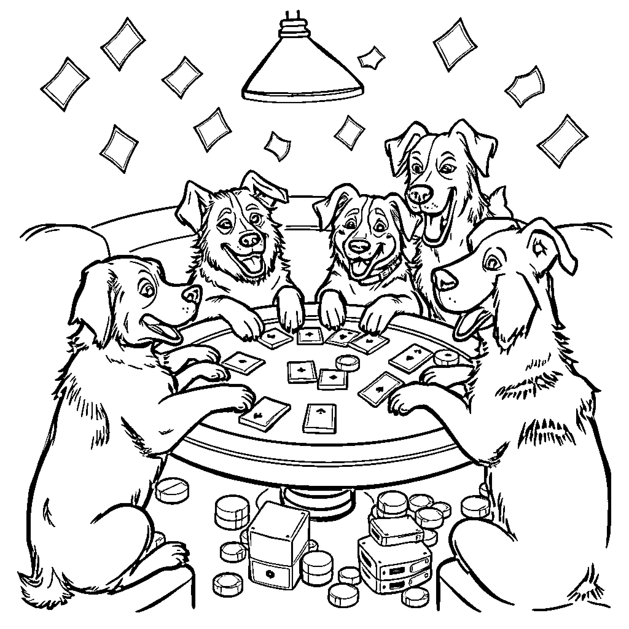 Dog Playing Cards Together at Night Coloring Page (free black-and-white line drawing printable PDF for all, from beginners to advanced learners, including children, teens, adults, and seniors)
