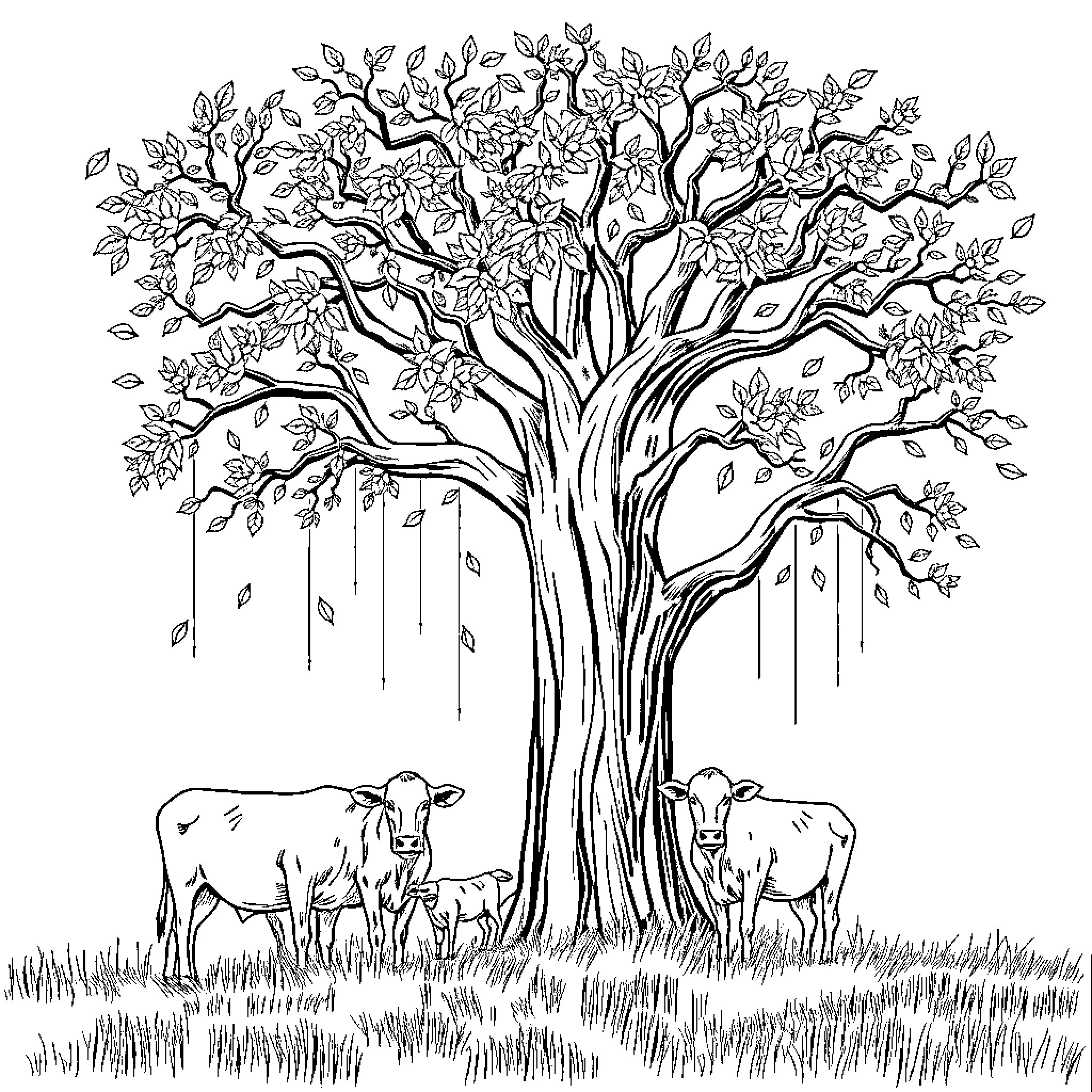 Leaf-Filled Tree with Grazing Cows Coloring Page (free black-and-white line drawing printable PDF for all, from beginners to advanced learners, including children, teens, adults, and seniors)