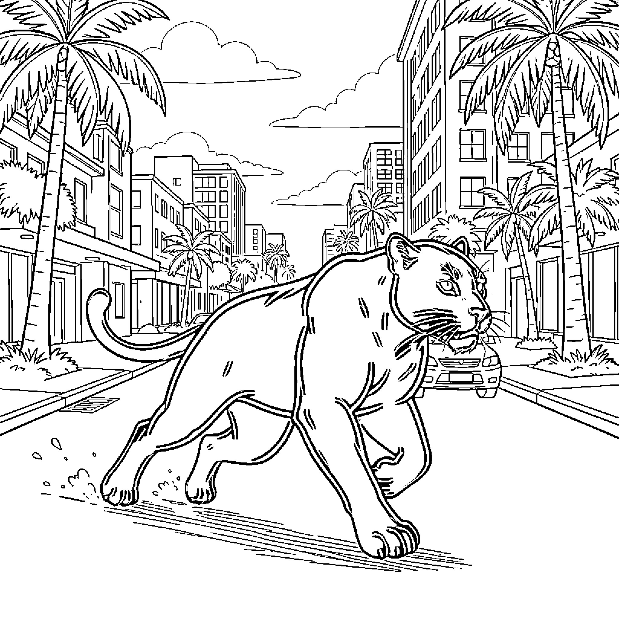 Panther prowling through a city street with palm trees Coloring Page (free black-and-white line drawing printable PDF for all, from beginners to advanced learners, including children, teens, adults, and seniors)