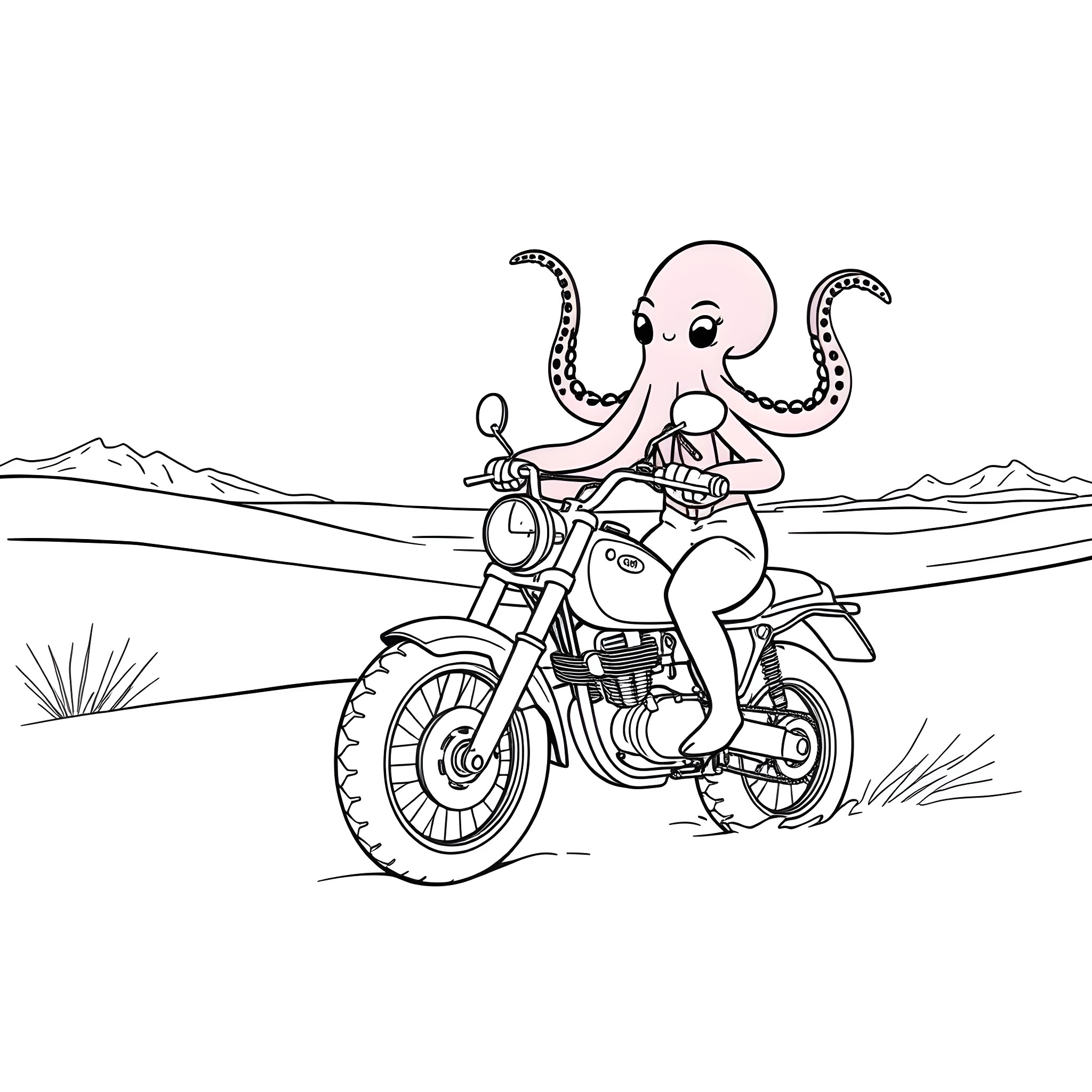 Bologna Sandwich: Octopus riding motorcycle in the desert Coloring Page (free black-and-white line drawing printable PDF for all, from beginners to advanced learners, including children, teens, adults, and seniors)