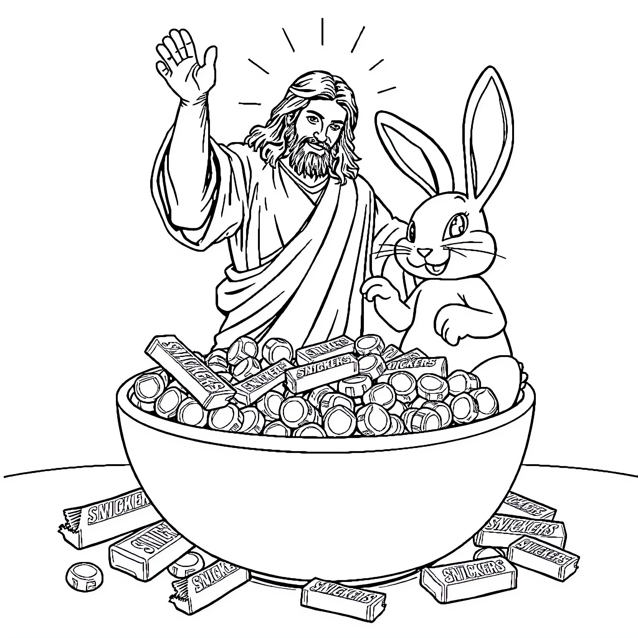 Jesus blesses Easter basket with rabbit Coloring Page (free black-and-white line drawing printable PDF for all, from beginners to advanced learners, including children, teens, adults, and seniors)