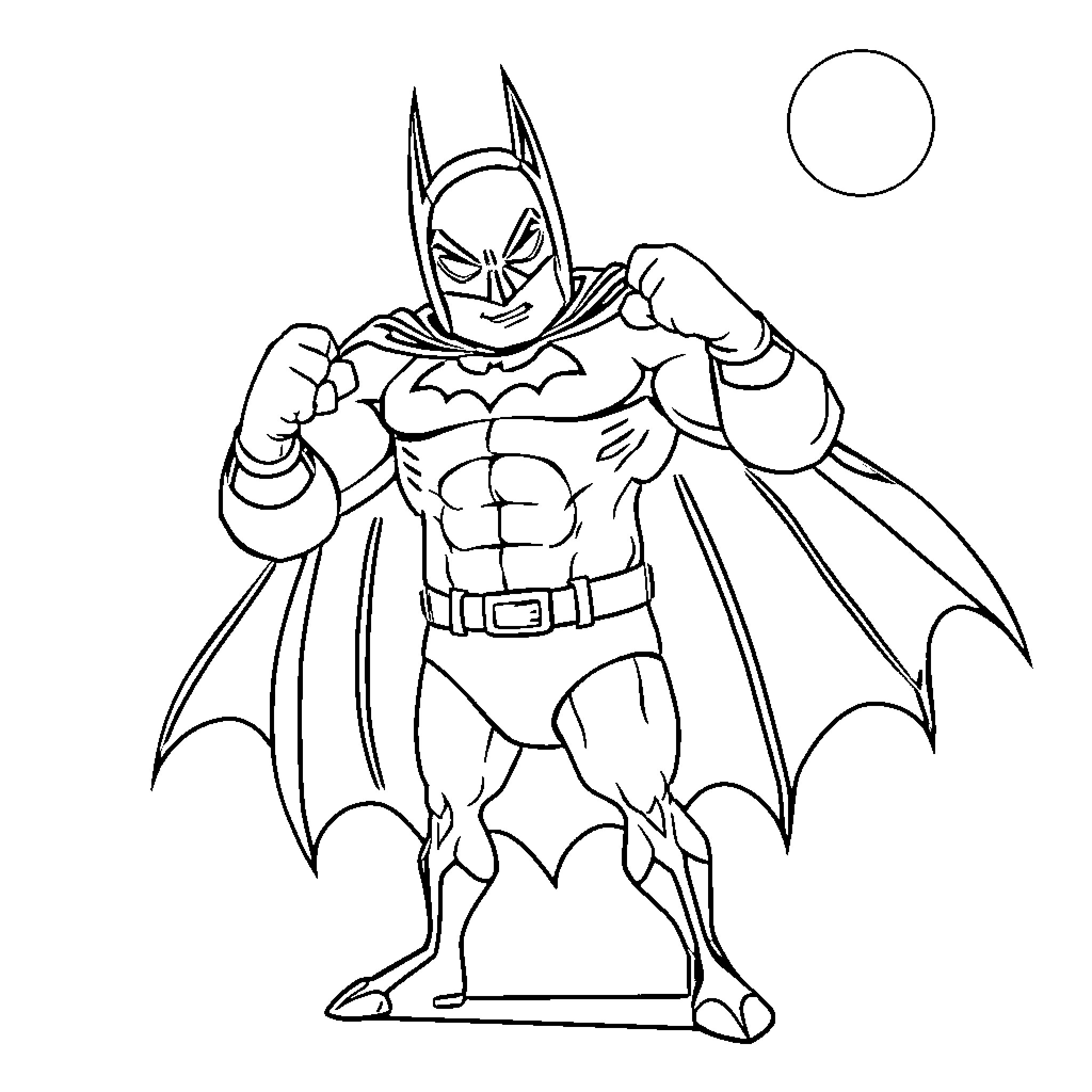 Batman in action pose with determination Coloring Page (free black-and-white line drawing printable PDF for all, from beginners to advanced learners, including children, teens, adults, and seniors)