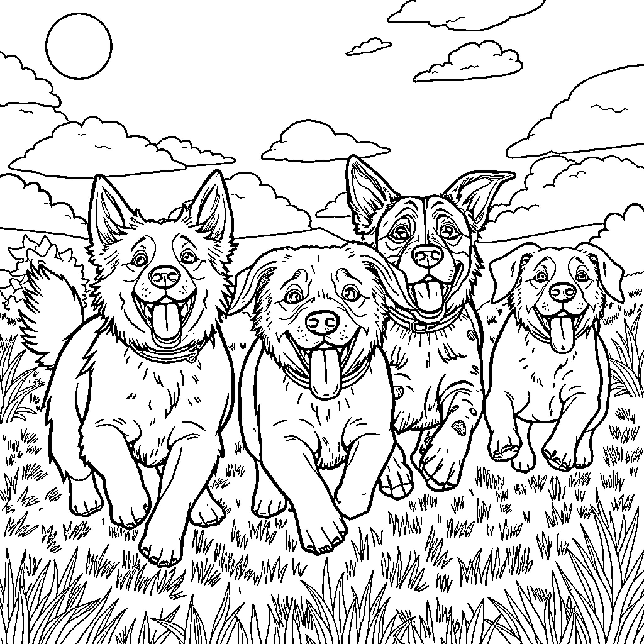 Dog family playing in the countryside Coloring Page (free black-and-white line drawing printable PDF for all, from beginners to advanced learners, including children, teens, adults, and seniors)