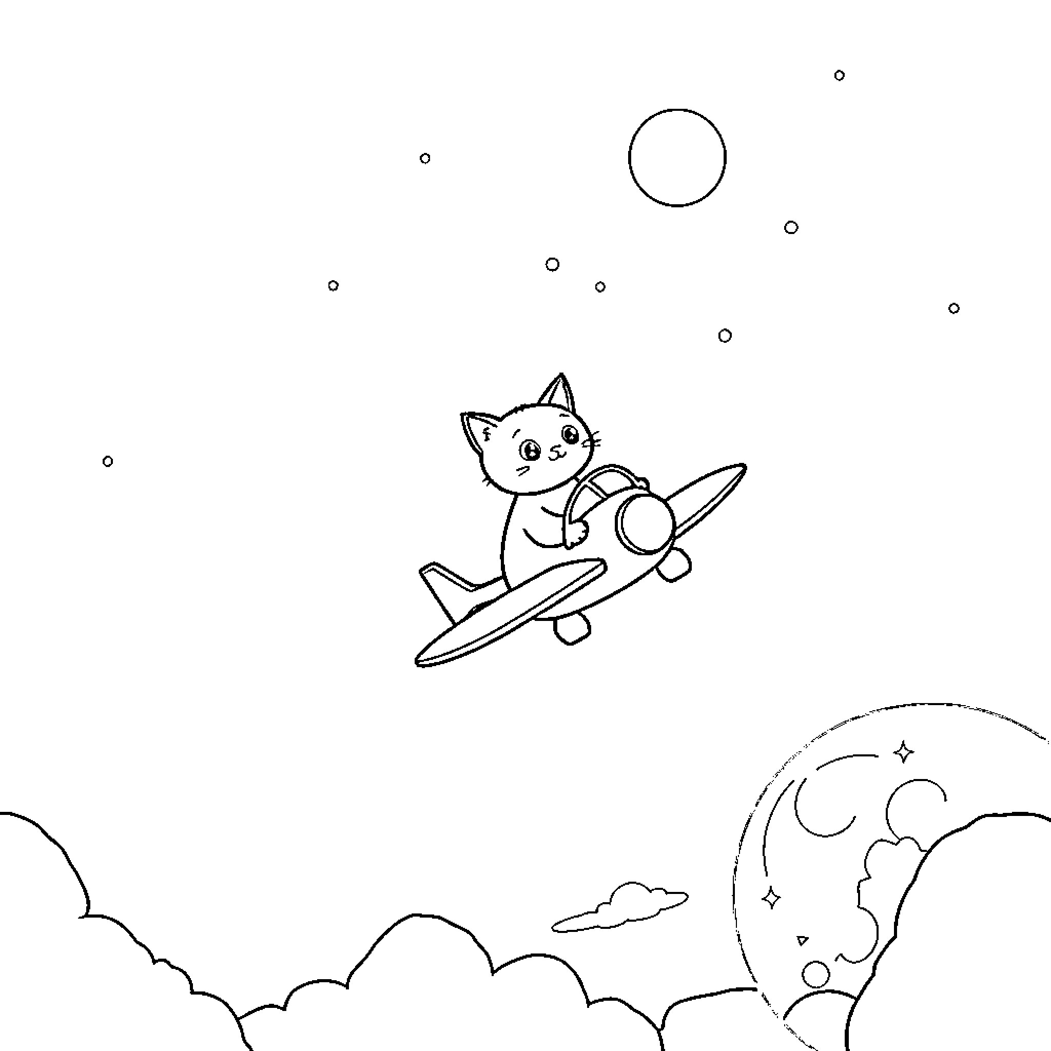 Cat flying an airplane in space Coloring Page (free black-and-white line drawing printable PDF for all, from beginners to advanced learners, including children, teens, adults, and seniors)