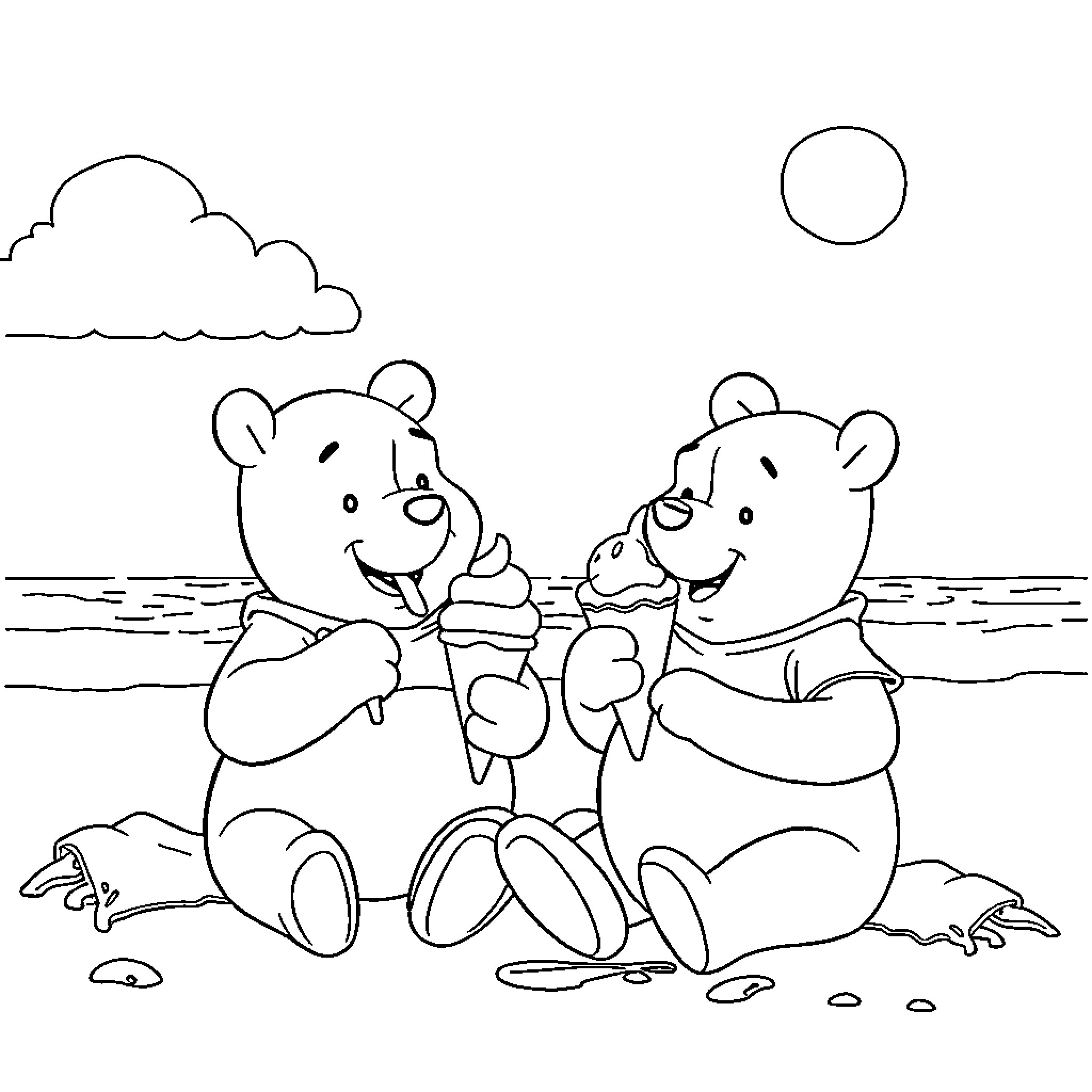 Winnie The Pooh and Friends Enjoying a Summer Day Coloring Page (free black-and-white line drawing printable PDF for all, from beginners to advanced learners, including children, teens, adults, and seniors)