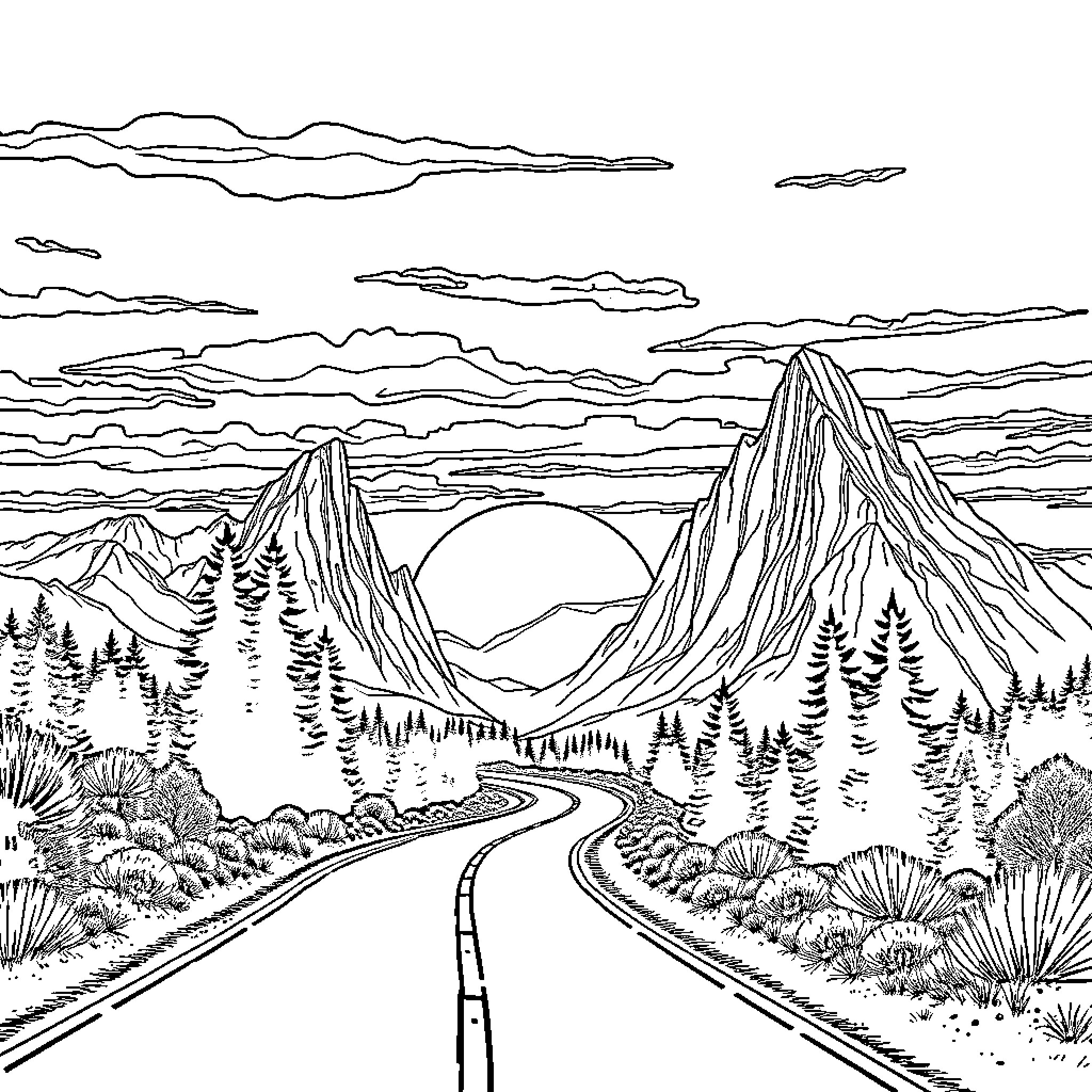 Sunset landscape with winding mountain road Coloring Page (free black-and-white line drawing printable PDF for all, from beginners to advanced learners, including children, teens, adults, and seniors)