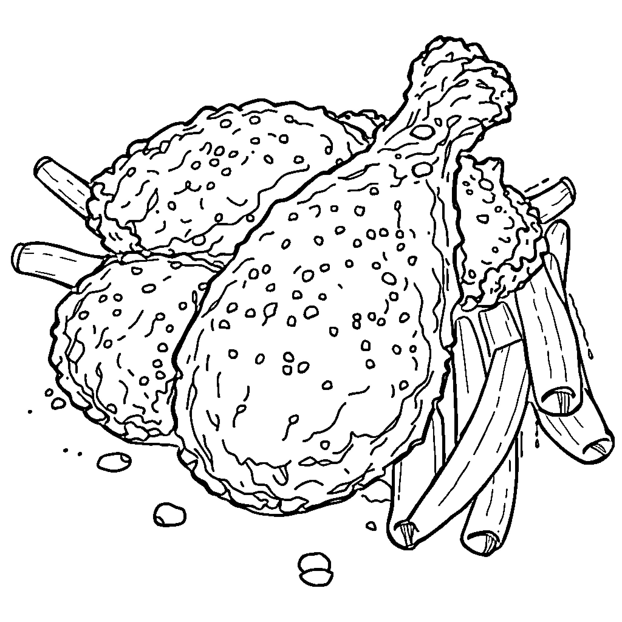 Chicken frying in a pan with spices Coloring Page (free black-and-white line drawing printable PDF for all, from beginners to advanced learners, including children, teens, adults, and seniors)