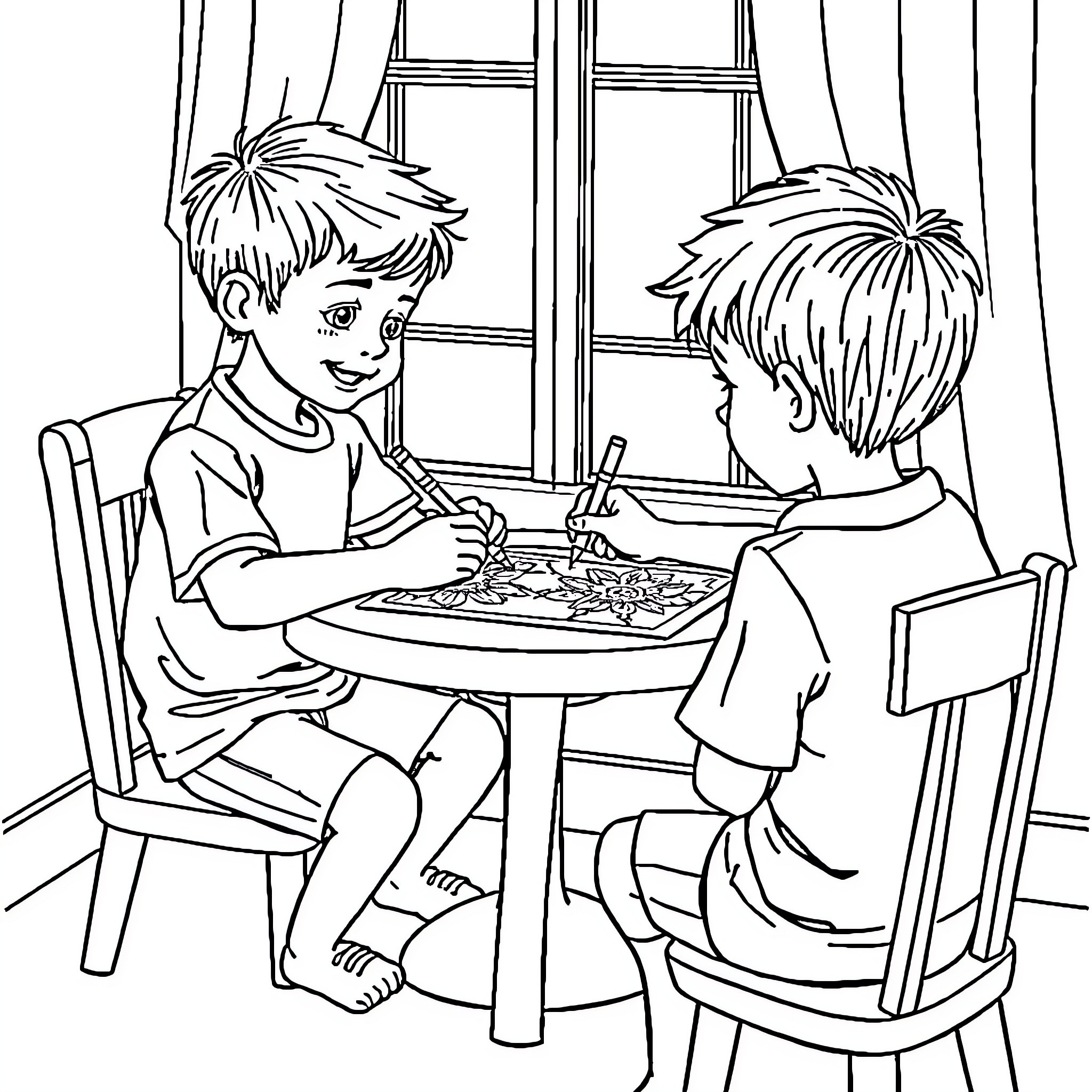 Boy coloring at the table with friend Coloring Page (free black-and-white line drawing printable PDF for all, from beginners to advanced learners, including children, teens, adults, and seniors)