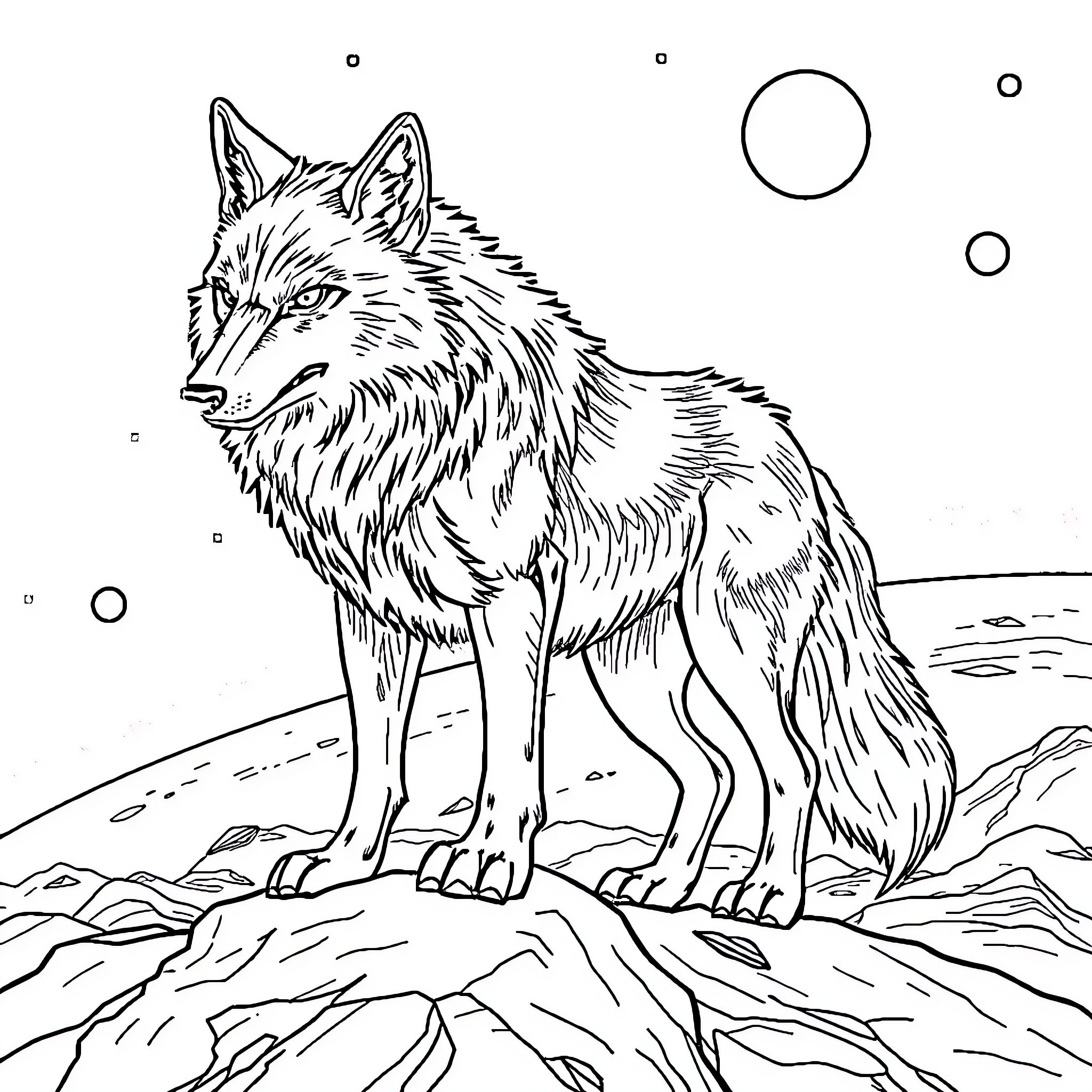 Wolf standing alert in winter landscape Coloring Page (free black-and-white line drawing printable PDF for all, from beginners to advanced learners, including children, teens, adults, and seniors)