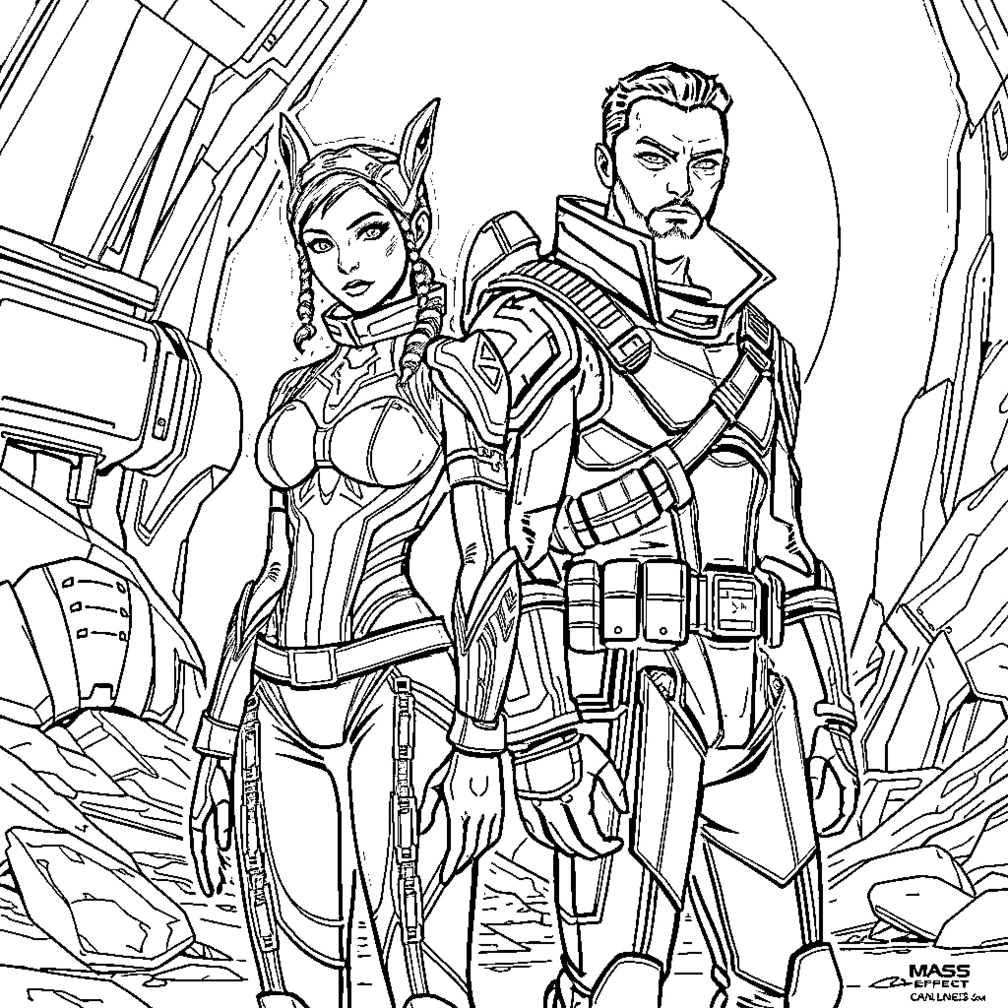 Liara and Garrus: Allies in Action Coloring Page (free black-and-white line drawing printable PDF for all, from beginners to advanced learners, including children, teens, adults, and seniors)