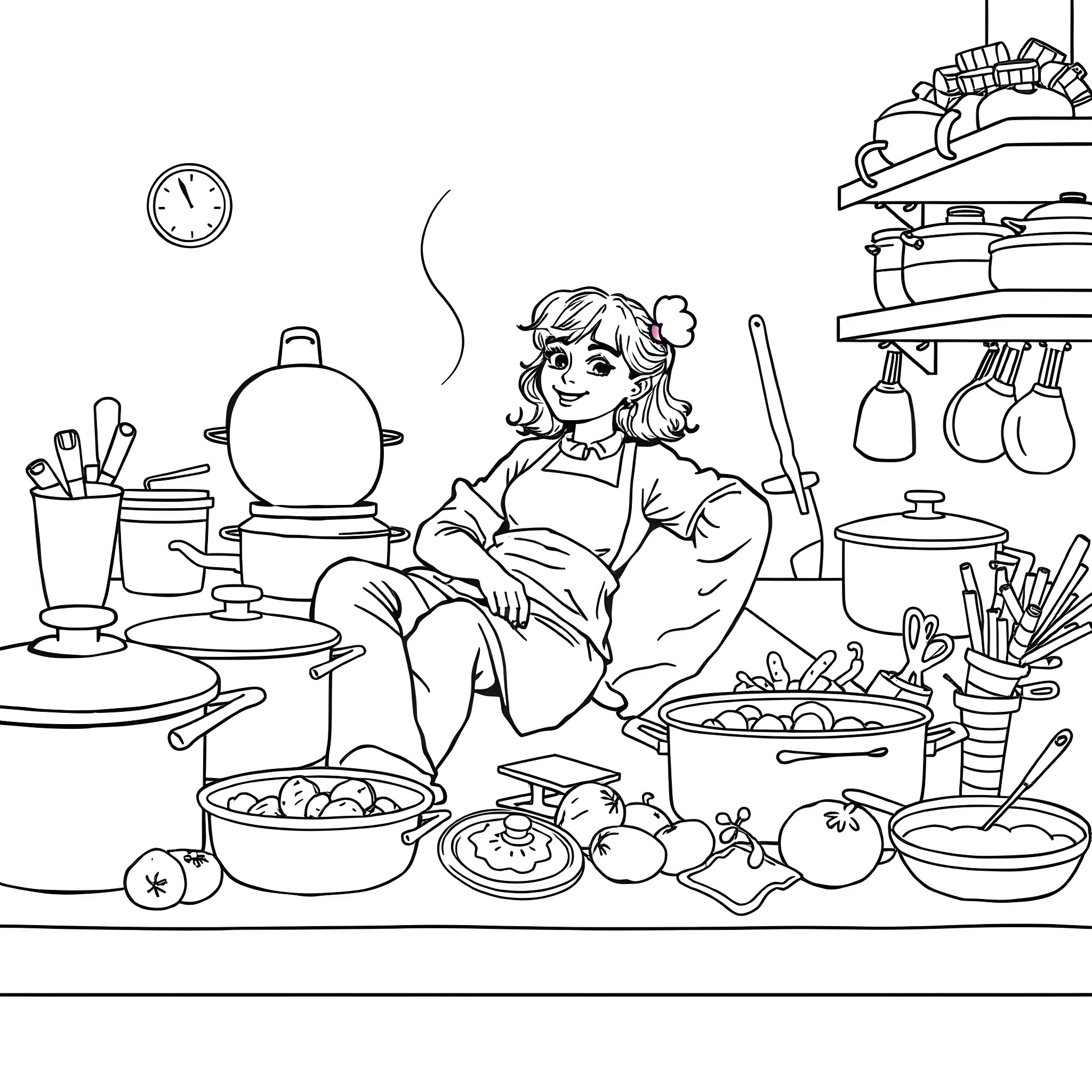 Kitchen Assistant Preparing a Hearty Meal Coloring Page (free black-and-white line drawing printable PDF for all, from beginners to advanced learners, including children, teens, adults, and seniors)