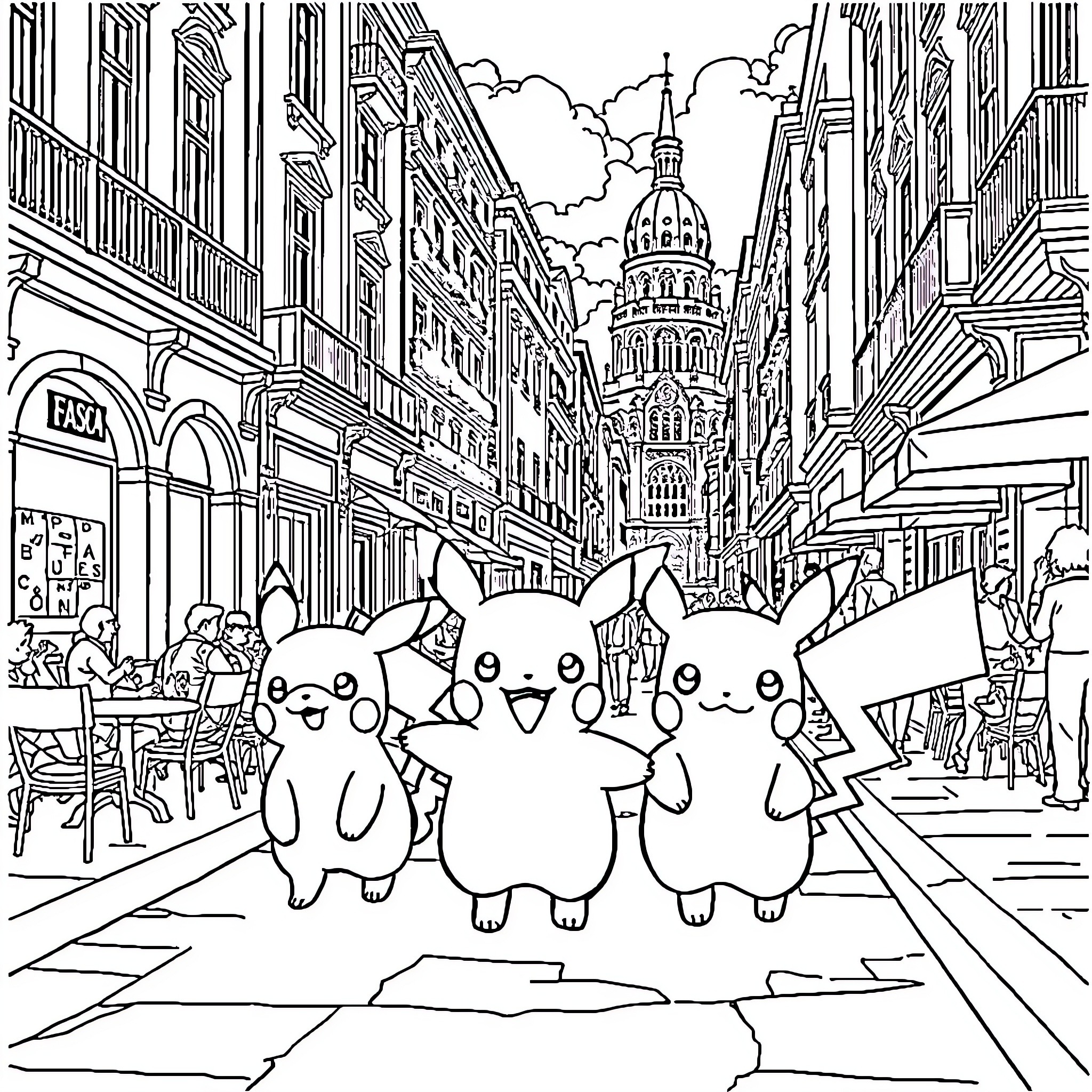 Pokémon Friends Exploring City Streets Coloring Page (free black-and-white line drawing printable PDF for all, from beginners to advanced learners, including children, teens, adults, and seniors)