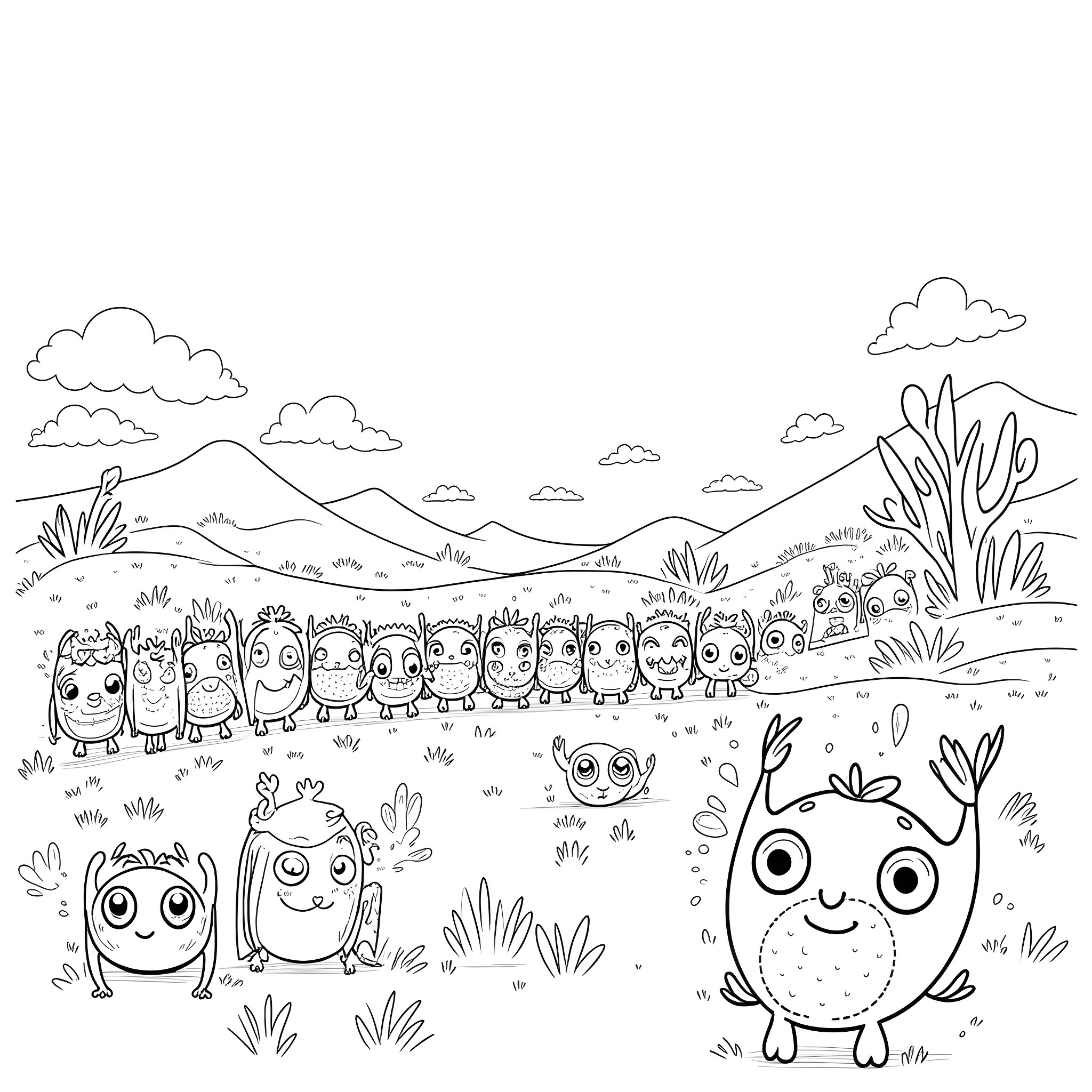 Monster creatures exploring a vibrant nature scene Coloring Page (free black-and-white line drawing printable PDF for all, from beginners to advanced learners, including children, teens, adults, and seniors)