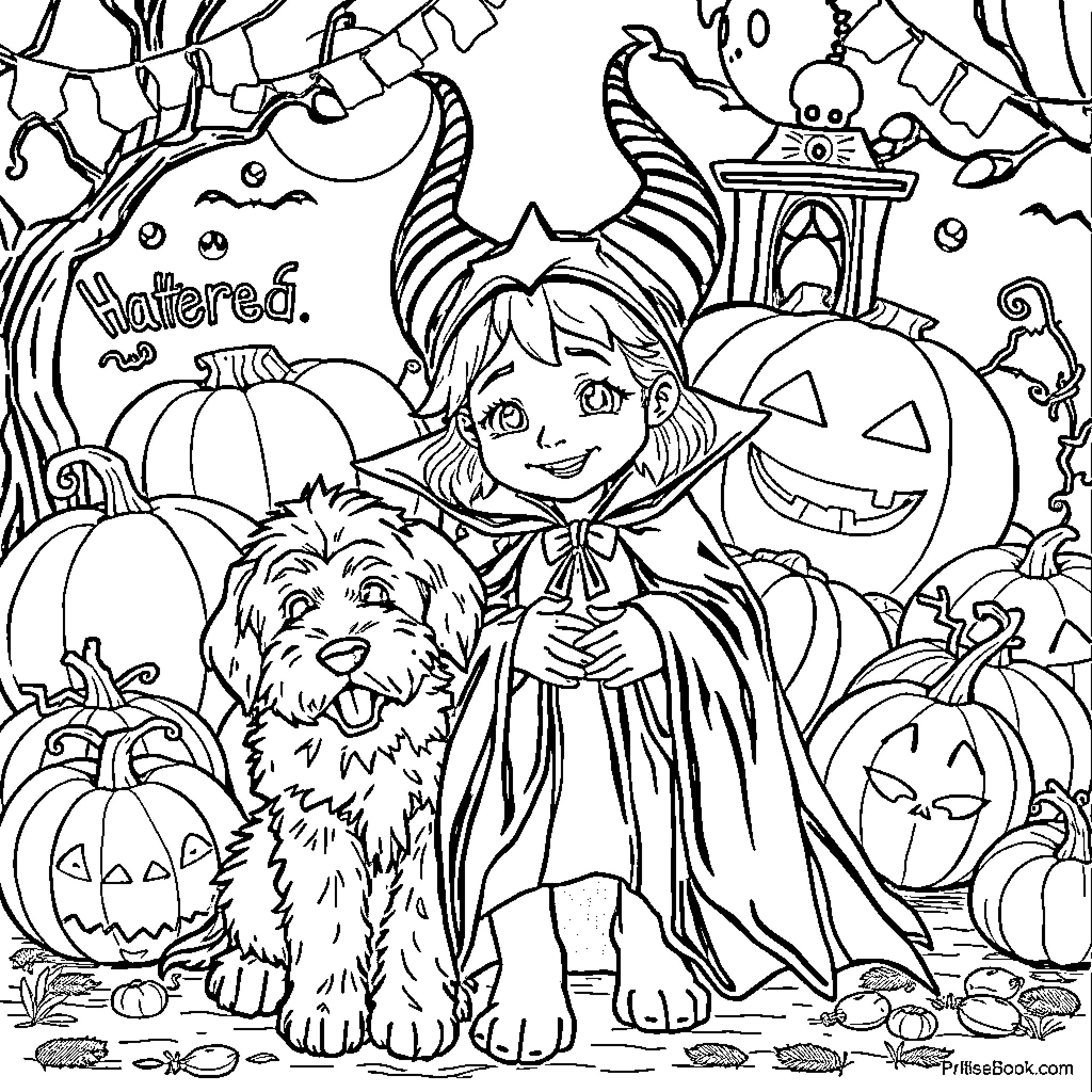 Girl in Halloween costume with pet dog Coloring Page (free black-and-white line drawing printable PDF for all, from beginners to advanced learners, including children, teens, adults, and seniors)