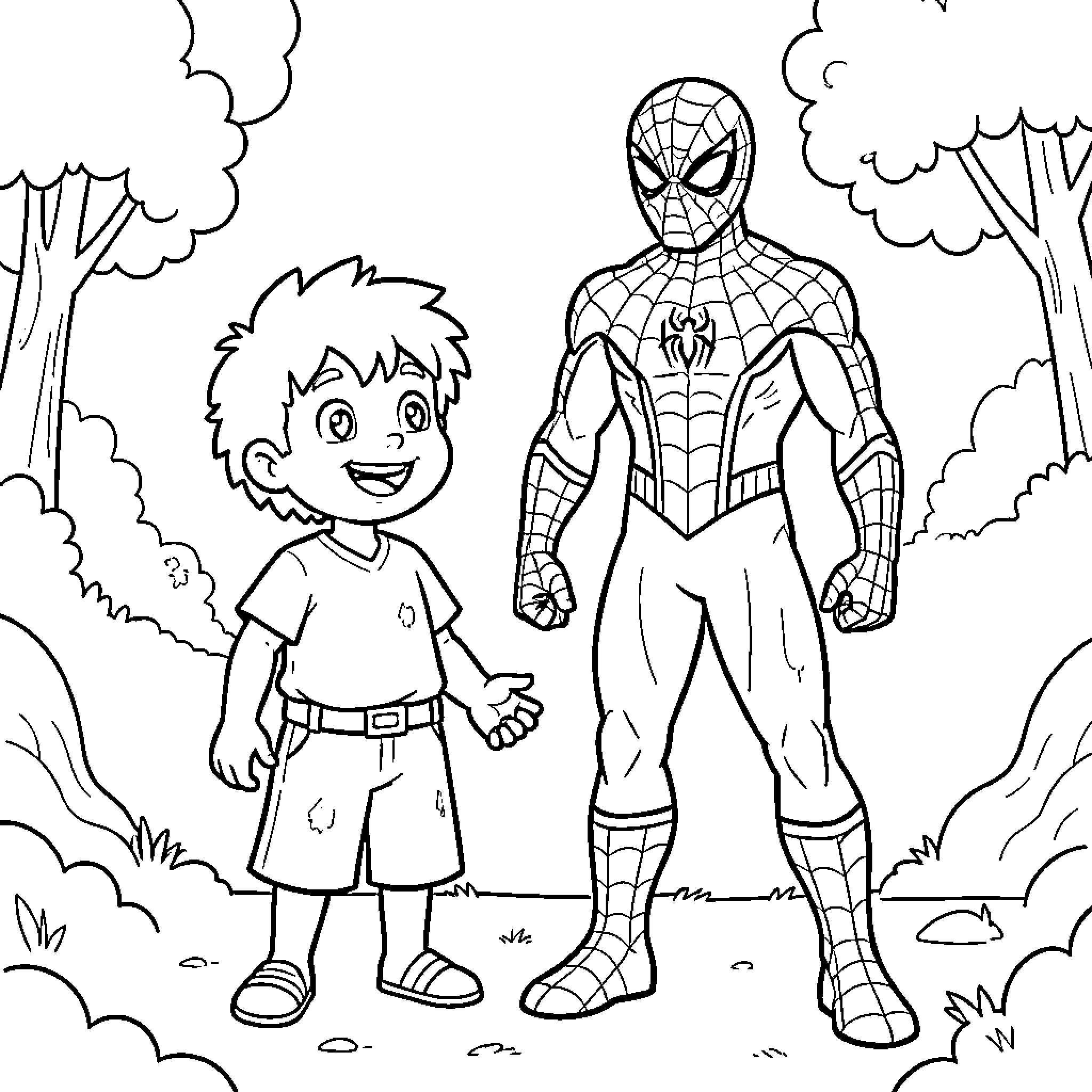 Kirikou and Spider-Man in the Forest Coloring Page (free black-and-white line drawing printable PDF for all, from beginners to advanced learners, including children, teens, adults, and seniors)