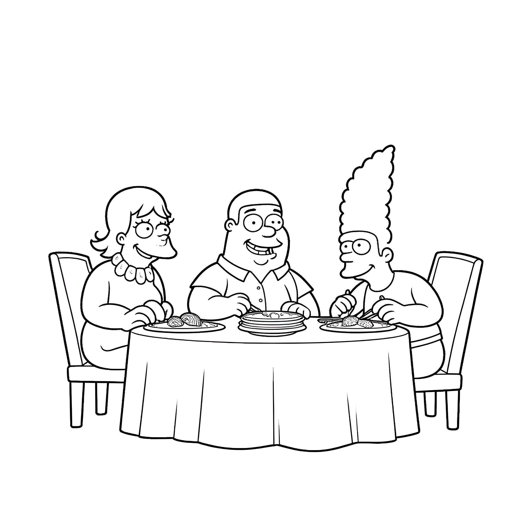 Cartoon Characters Enjoying a Meal Together Coloring Page (free black-and-white line drawing printable PDF for all, from beginners to advanced learners, including children, teens, adults, and seniors)