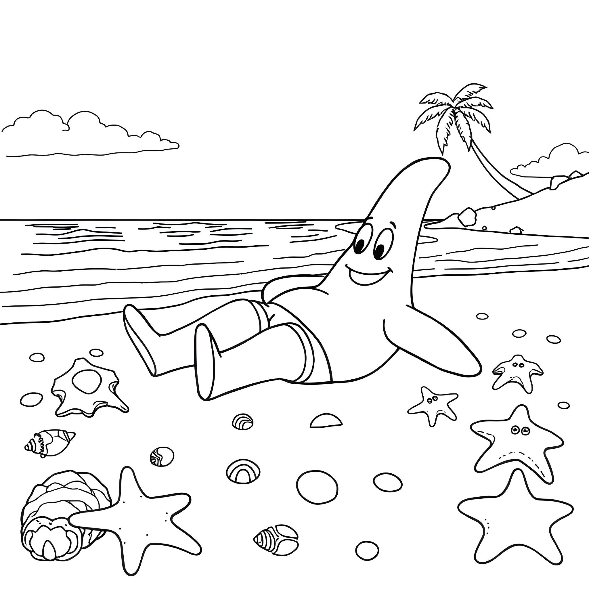 Patrick Star relaxing on the beach Coloring Page (free black-and-white line drawing printable PDF for all, from beginners to advanced learners, including children, teens, adults, and seniors)