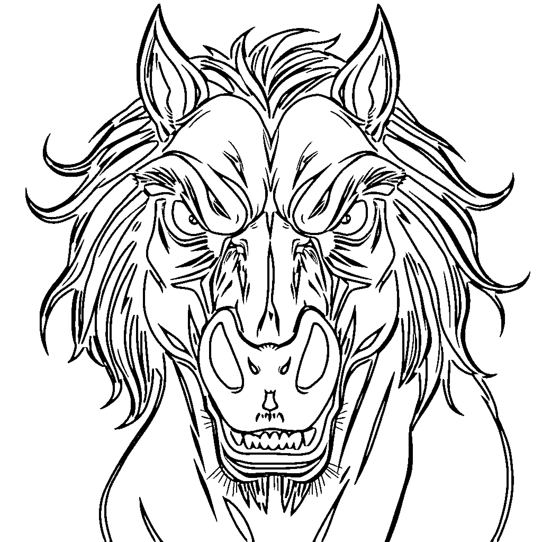 Mustang creature with fierce expression Coloring Page (free black-and-white line drawing printable PDF for all, from beginners to advanced learners, including children, teens, adults, and seniors)
