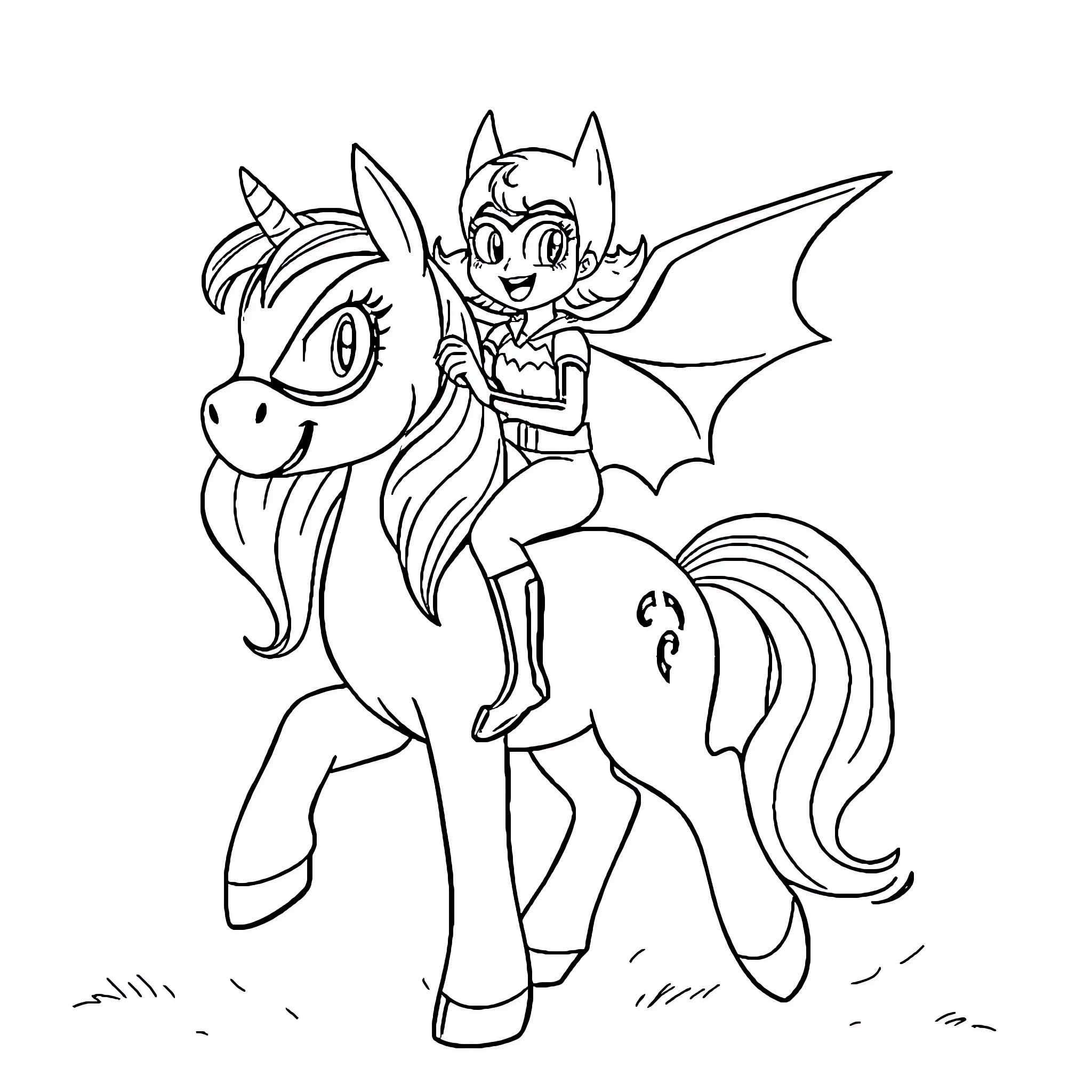Batgirl riding a mythical creature Coloring Page (free black-and-white line drawing printable PDF for all, from beginners to advanced learners, including children, teens, adults, and seniors)