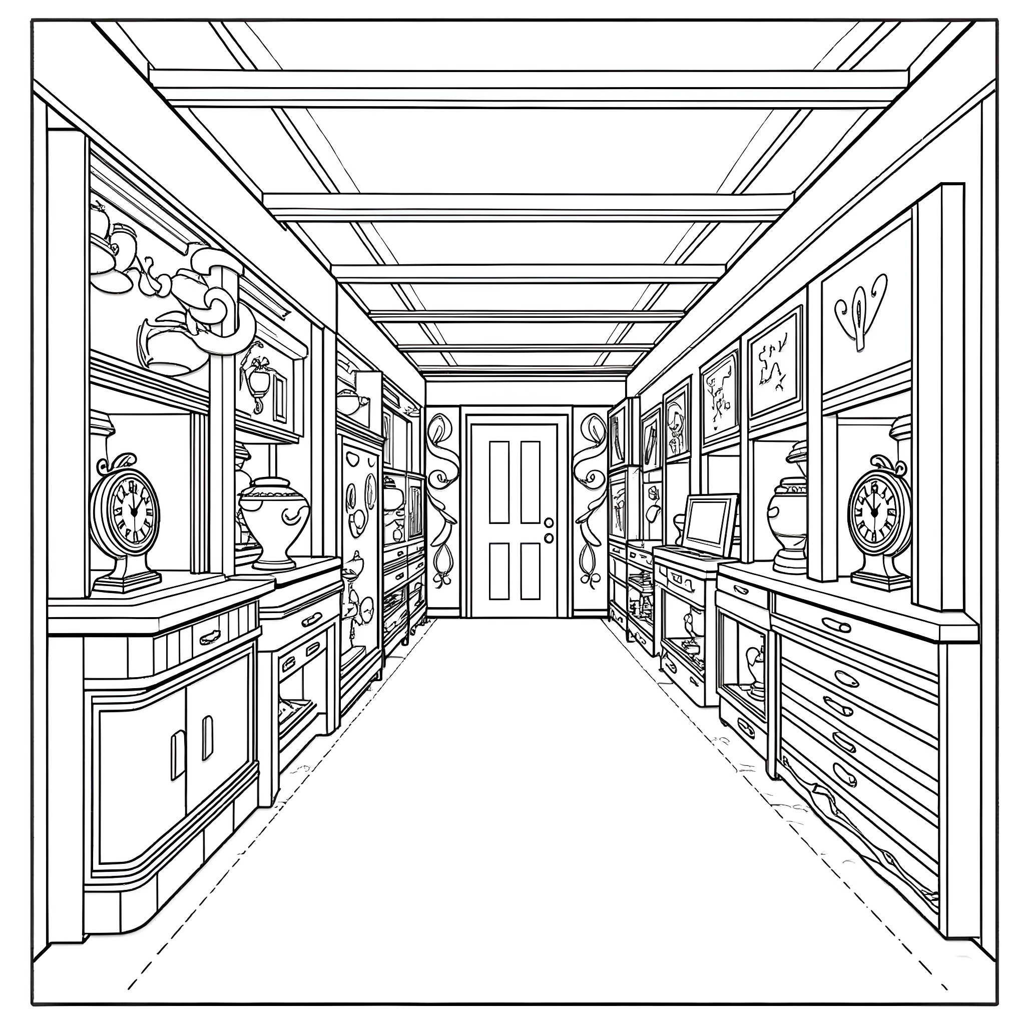 Antique Hallway of Vintage Treasures Coloring Page (free black-and-white line drawing printable PDF for all, from beginners to advanced learners, including children, teens, adults, and seniors)