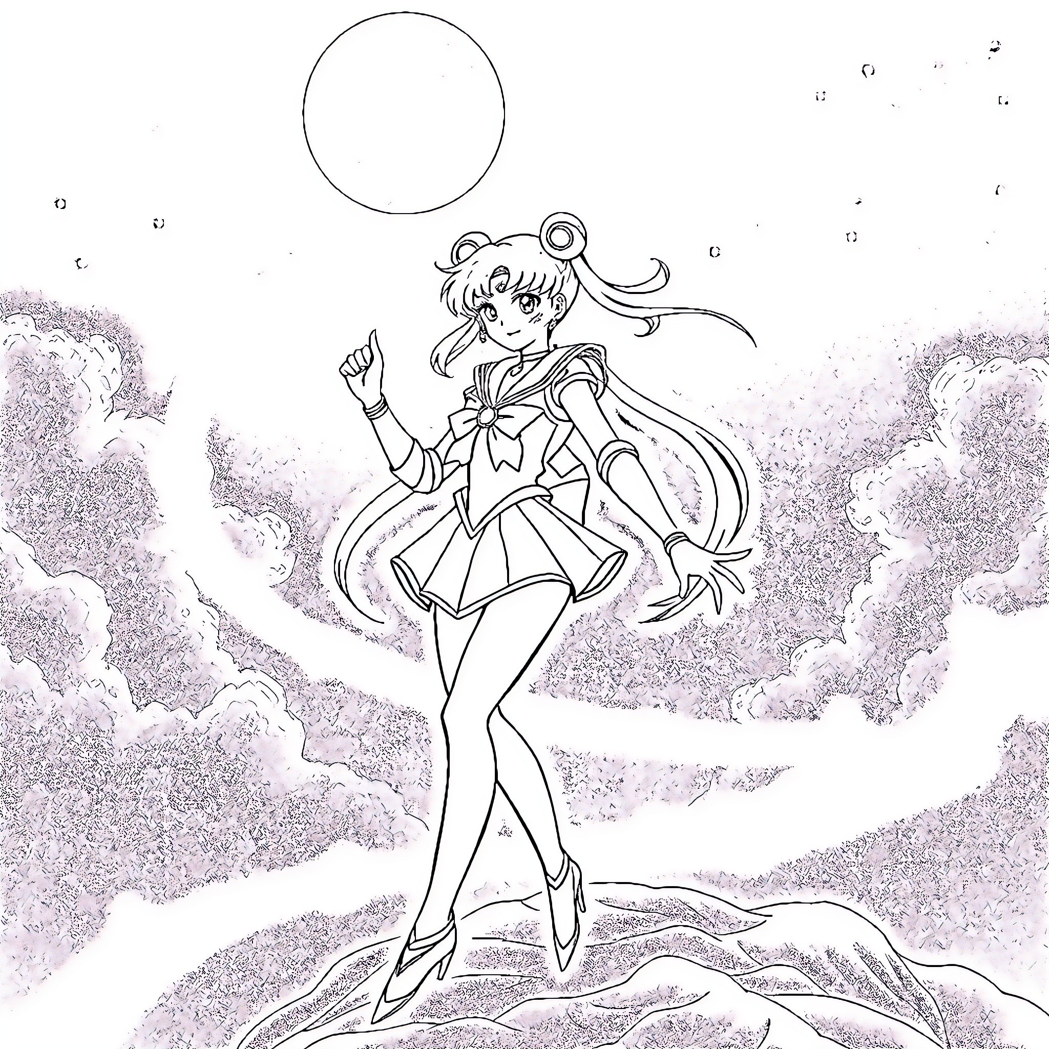 Sailor Moon standing proudly on a cliff Coloring Page (free black-and-white line drawing printable PDF for all, from beginners to advanced learners, including children, teens, adults, and seniors)