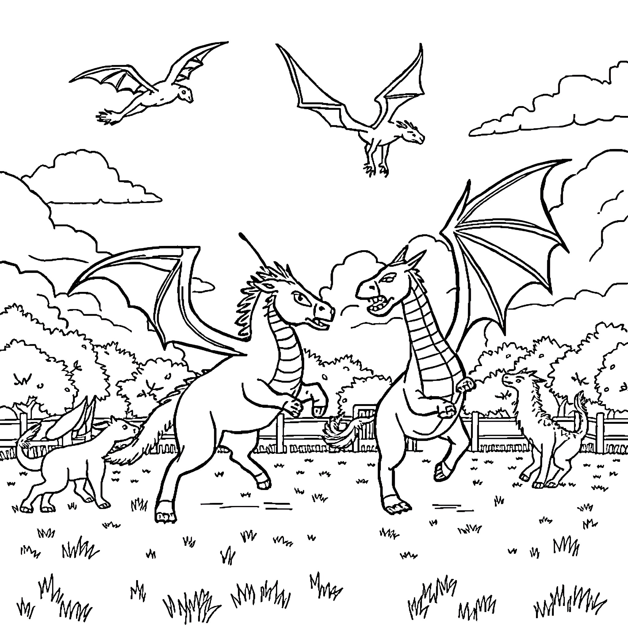 Animal dragons flying and playing in the countryside Coloring Page (free black-and-white line drawing printable PDF for all, from beginners to advanced learners, including children, teens, adults, and seniors)
