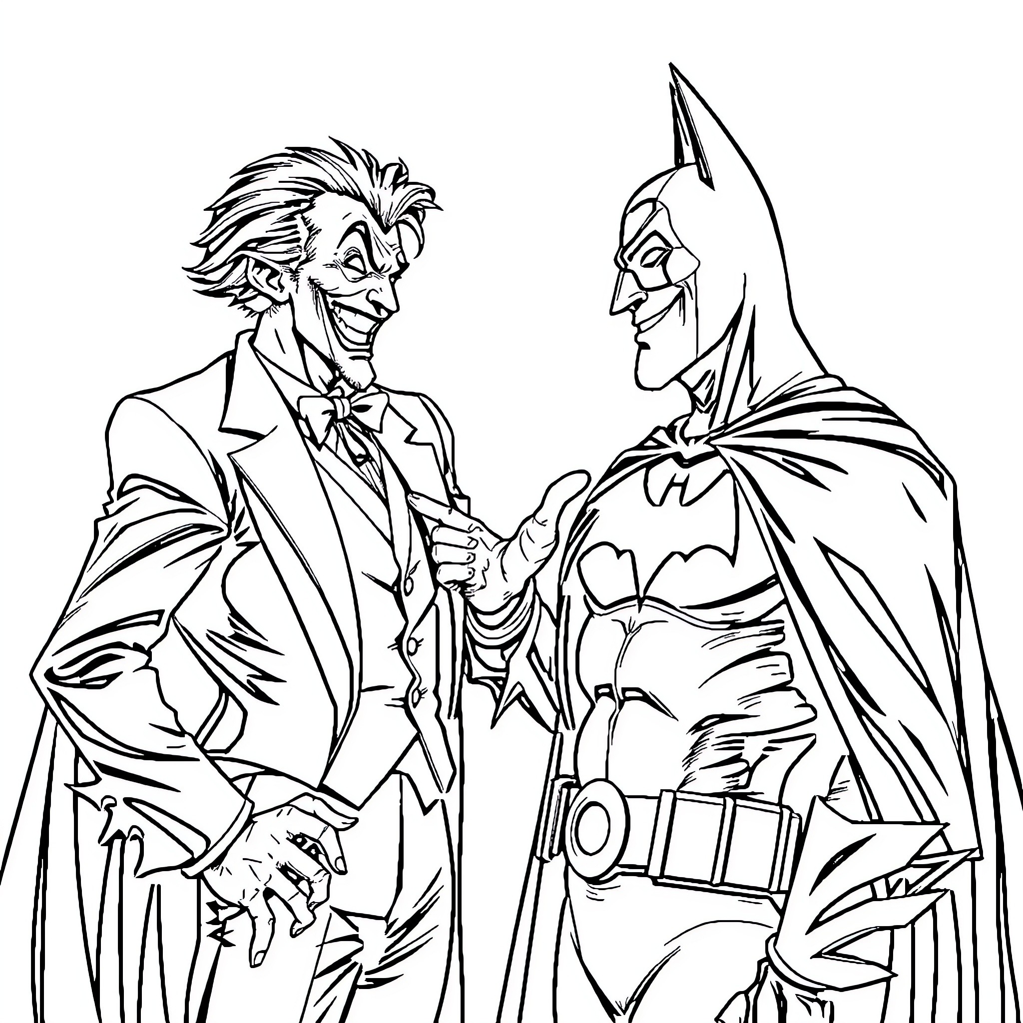 Joker and Batman in Confrontation Coloring Page (free black-and-white line drawing printable PDF for all, from beginners to advanced learners, including children, teens, adults, and seniors)
