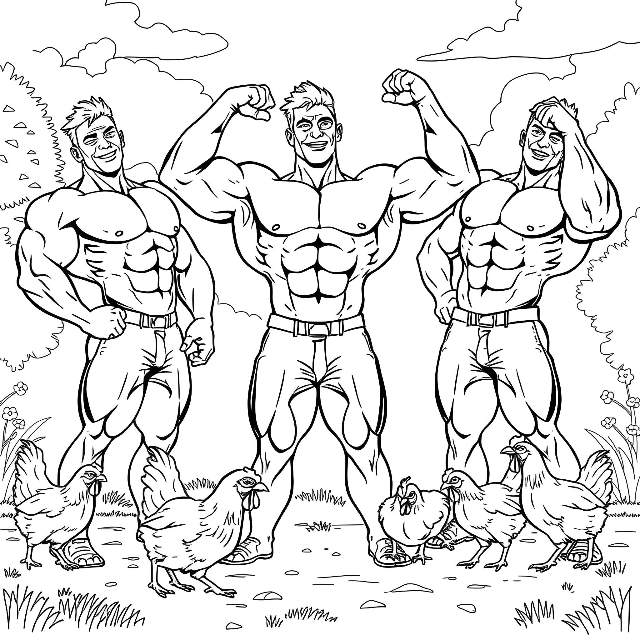 Bodybuilders Flexing Their Muscles Outdoors Coloring Page (free black-and-white line drawing printable PDF for all, from beginners to advanced learners, including children, teens, adults, and seniors)