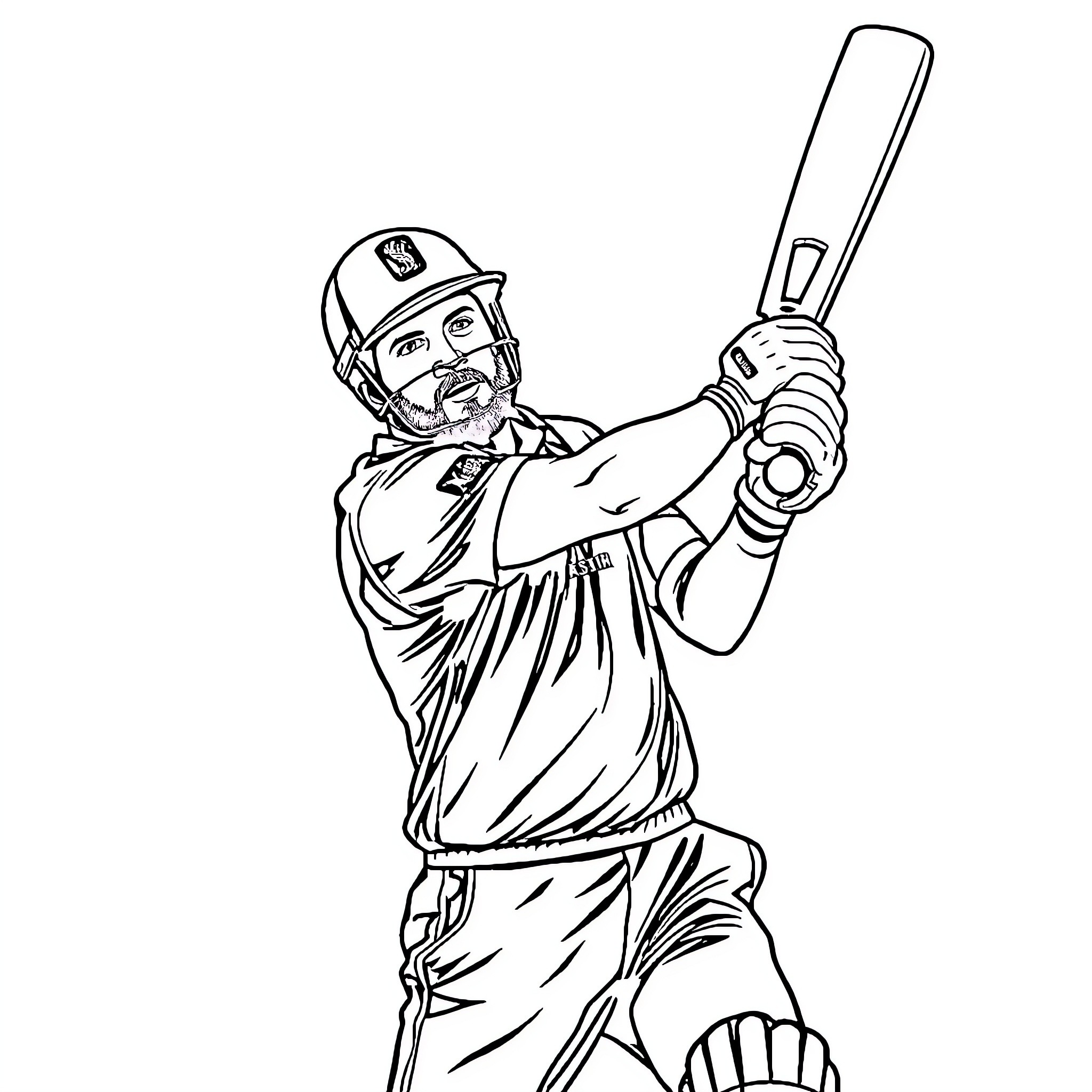 Kane Williamson batting with determination Coloring Page (free black-and-white line drawing printable PDF for all, from beginners to advanced learners, including children, teens, adults, and seniors)
