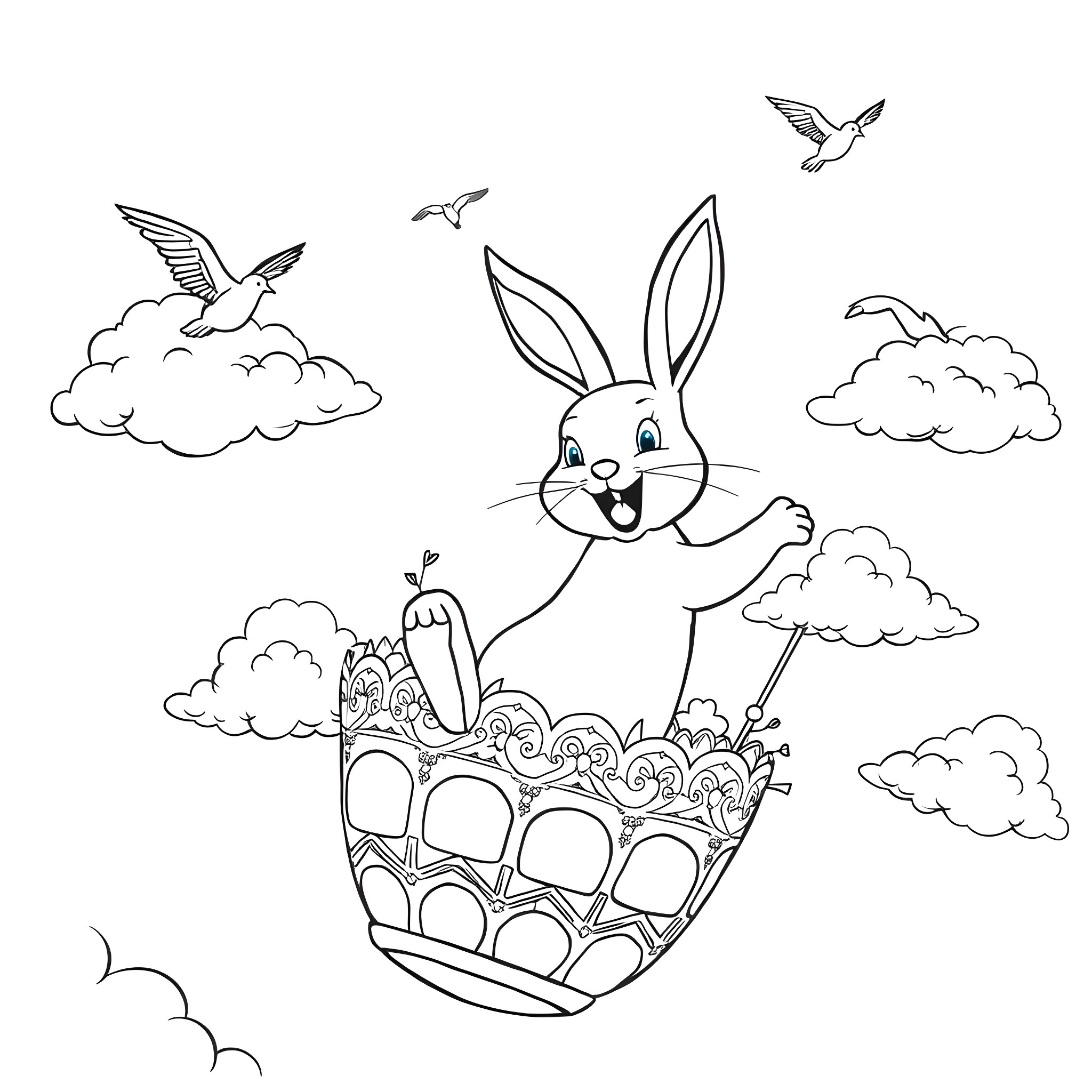 Bunny happily sitting in decorated Easter egg Coloring Page (free black-and-white line drawing printable PDF for all, from beginners to advanced learners, including children, teens, adults, and seniors)