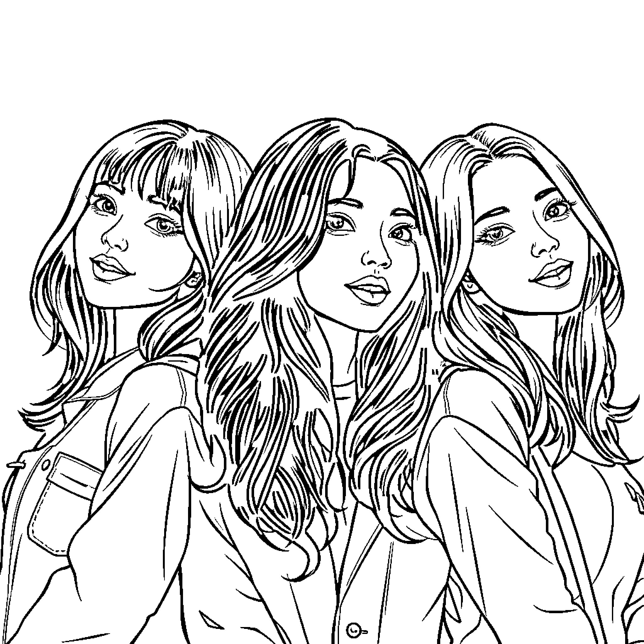 Kpop Girls Striking Powerful Poses Coloring Page (free black-and-white line drawing printable PDF for all, from beginners to advanced learners, including children, teens, adults, and seniors)