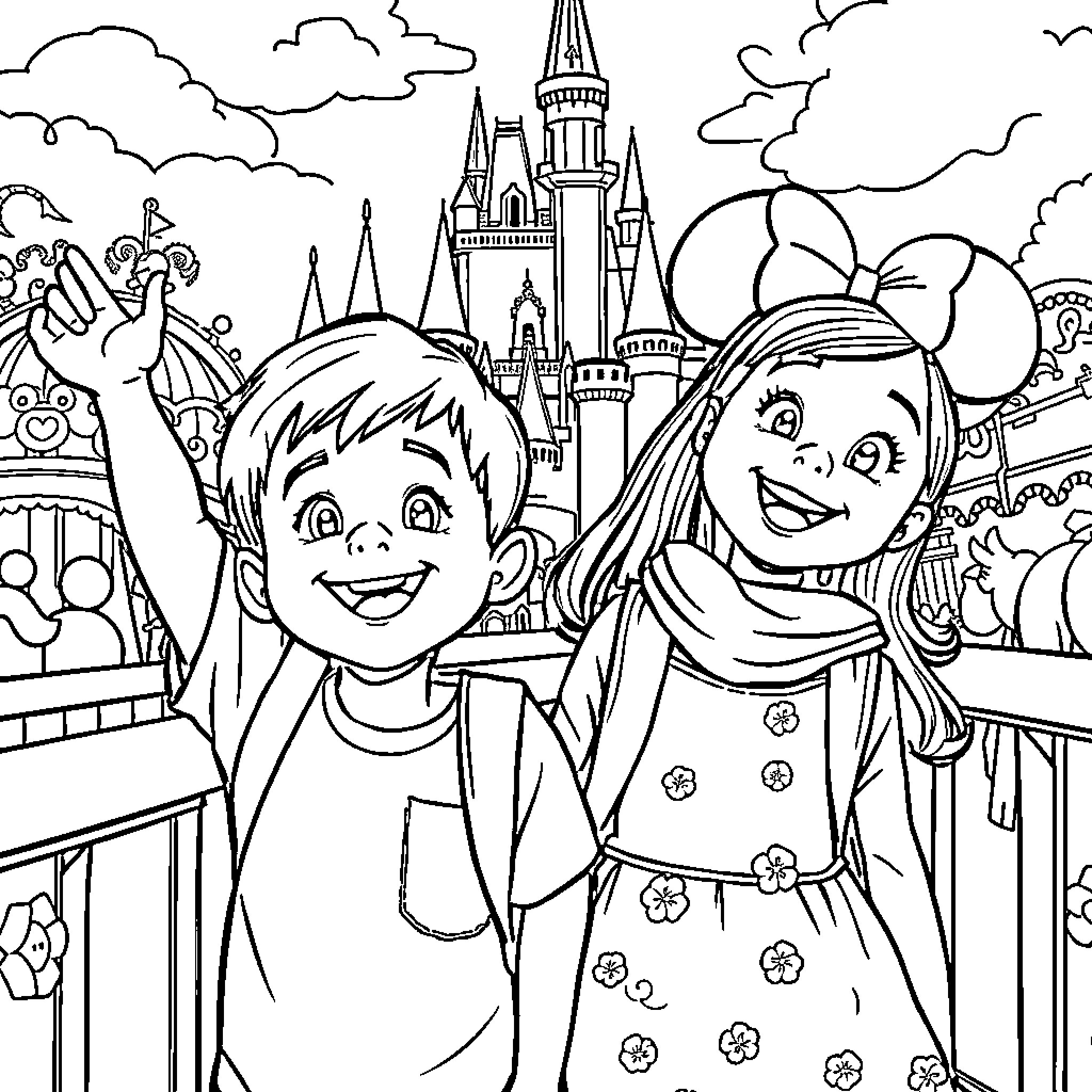 Child enjoying theme park with friend Coloring Page (free black-and-white line drawing printable PDF for all, from beginners to advanced learners, including children, teens, adults, and seniors)