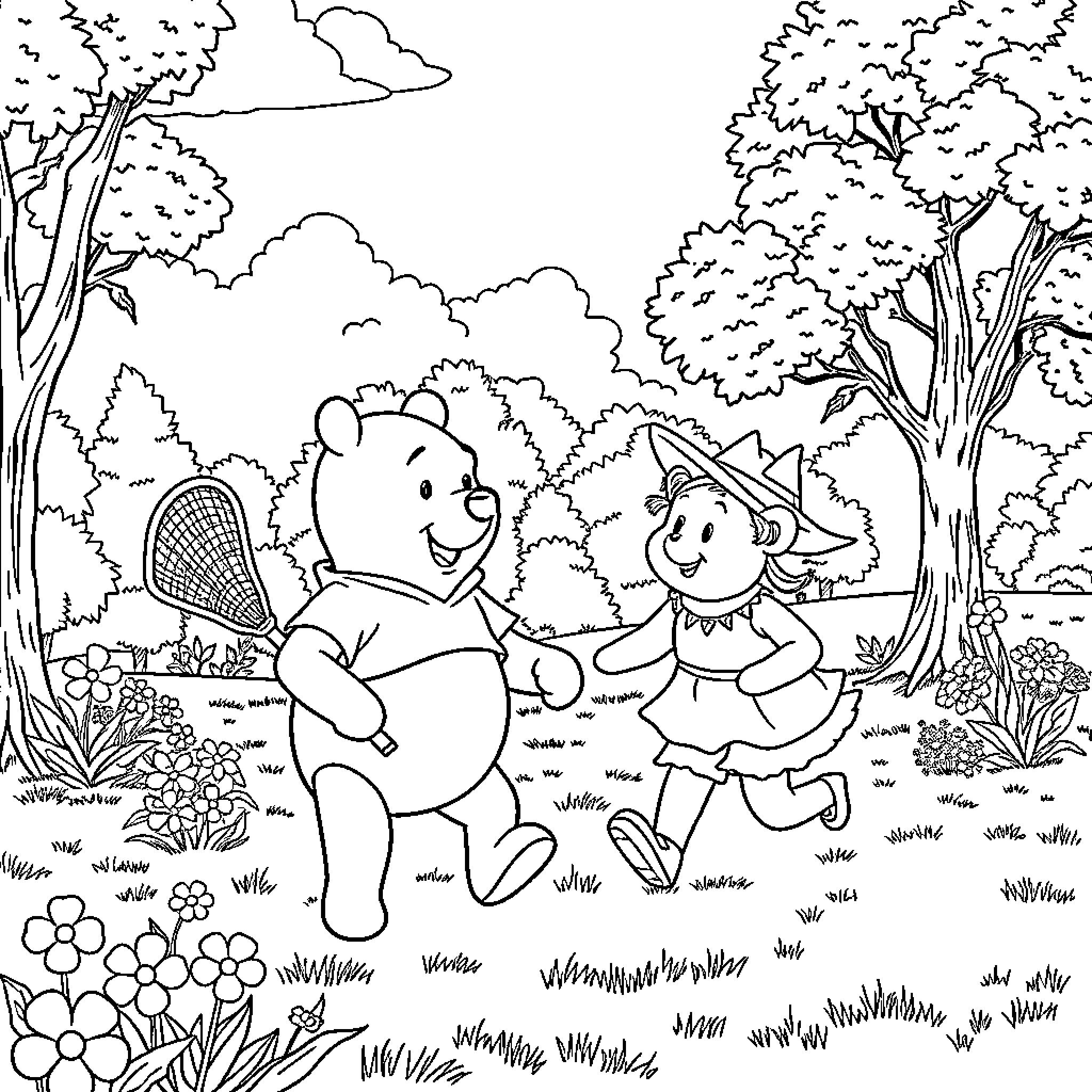 Winnie The Pooh and Piglet Explore the Forest Coloring Page (free black-and-white line drawing printable PDF for all, from beginners to advanced learners, including children, teens, adults, and seniors)