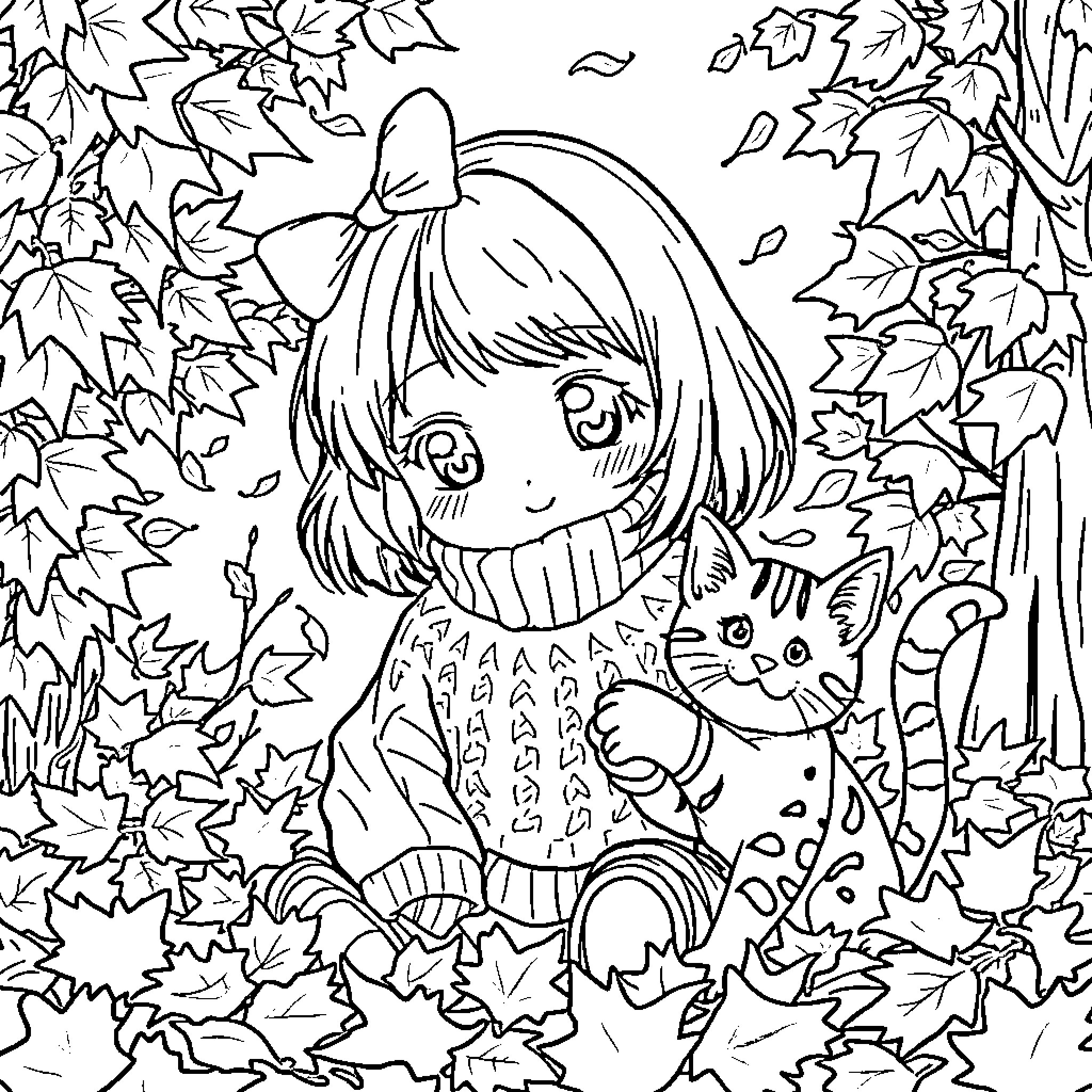 Anime Girl with Cat and Autumn Leaves Coloring Page (free black-and-white line drawing printable PDF for all, from beginners to advanced learners, including children, teens, adults, and seniors)