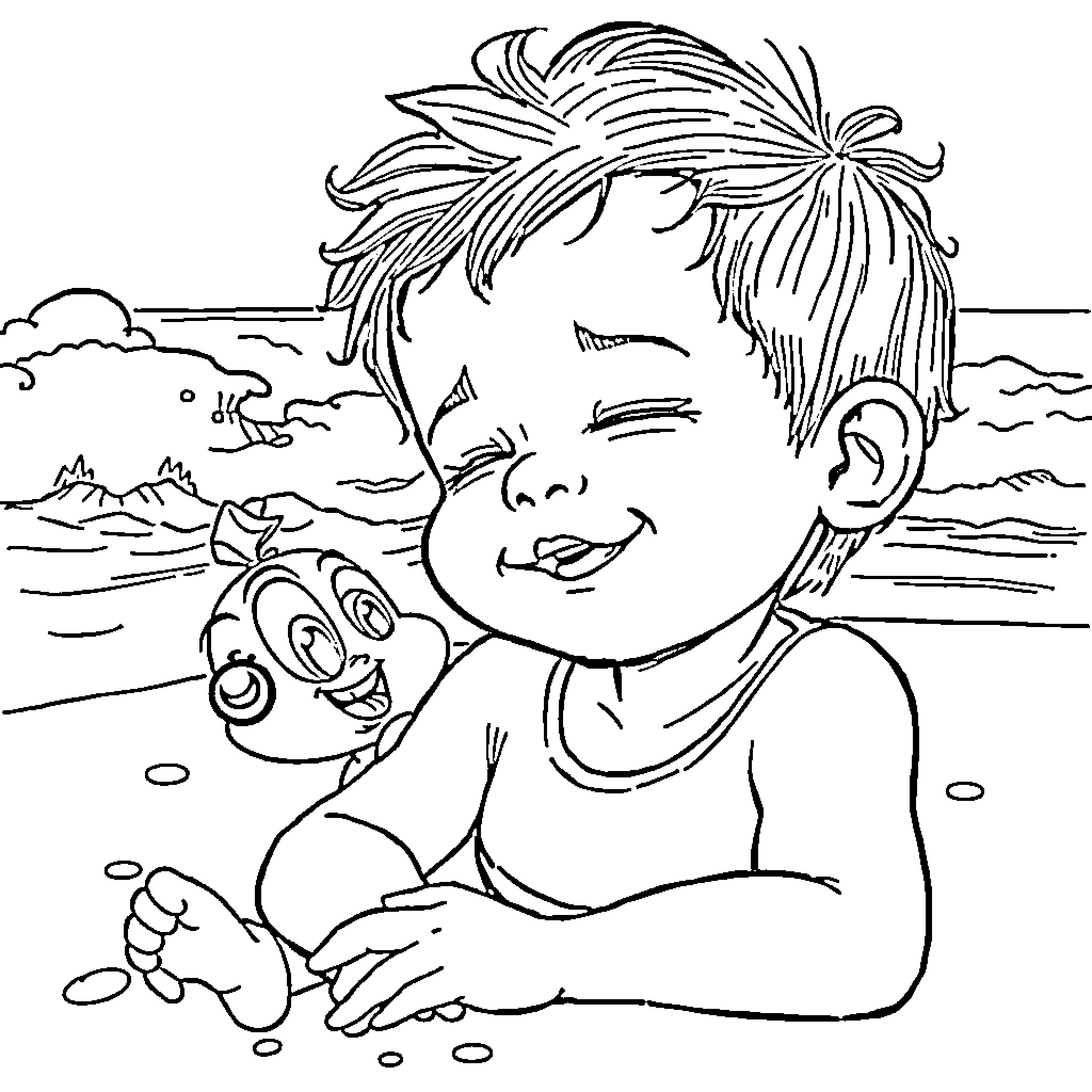 Niño playing joyfully by the beach Coloring Page (free black-and-white line drawing printable PDF for all, from beginners to advanced learners, including children, teens, adults, and seniors)