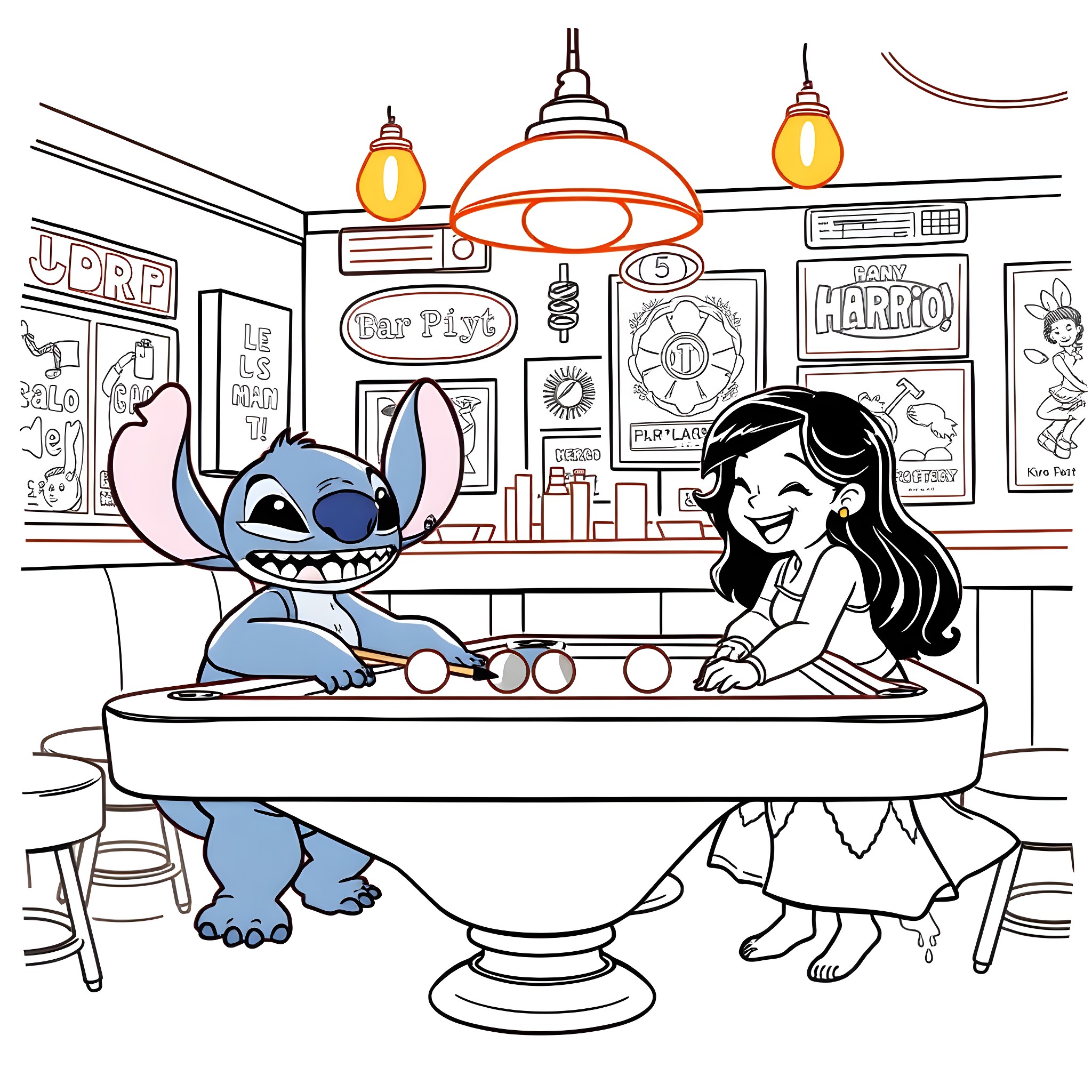 Stitch playing happily with a girl in a diner Coloring Page (free black-and-white line drawing printable PDF for all, from beginners to advanced learners, including children, teens, adults, and seniors)