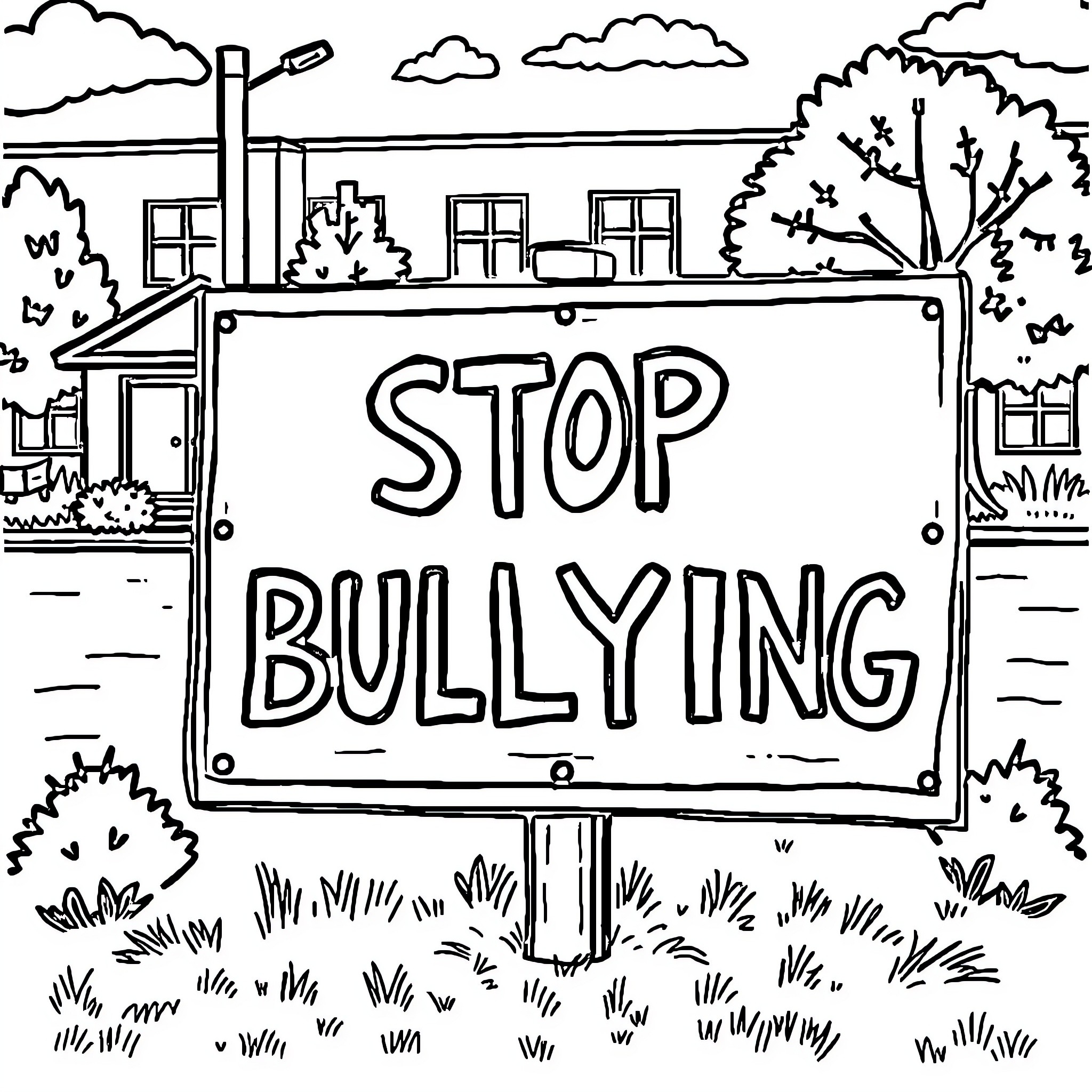 Bully Stopping Bullying Awareness Campaign Coloring Page (free black-and-white line drawing printable PDF for all, from beginners to advanced learners, including children, teens, adults, and seniors)
