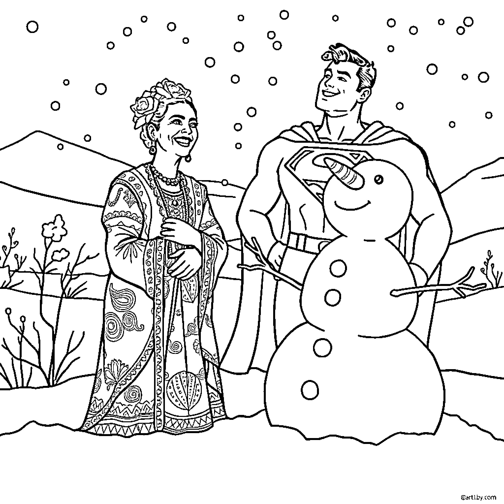 Frida Kahlo and Snowman in Winter Wonderland Coloring Page (free black-and-white line drawing printable PDF for all, from beginners to advanced learners, including children, teens, adults, and seniors)