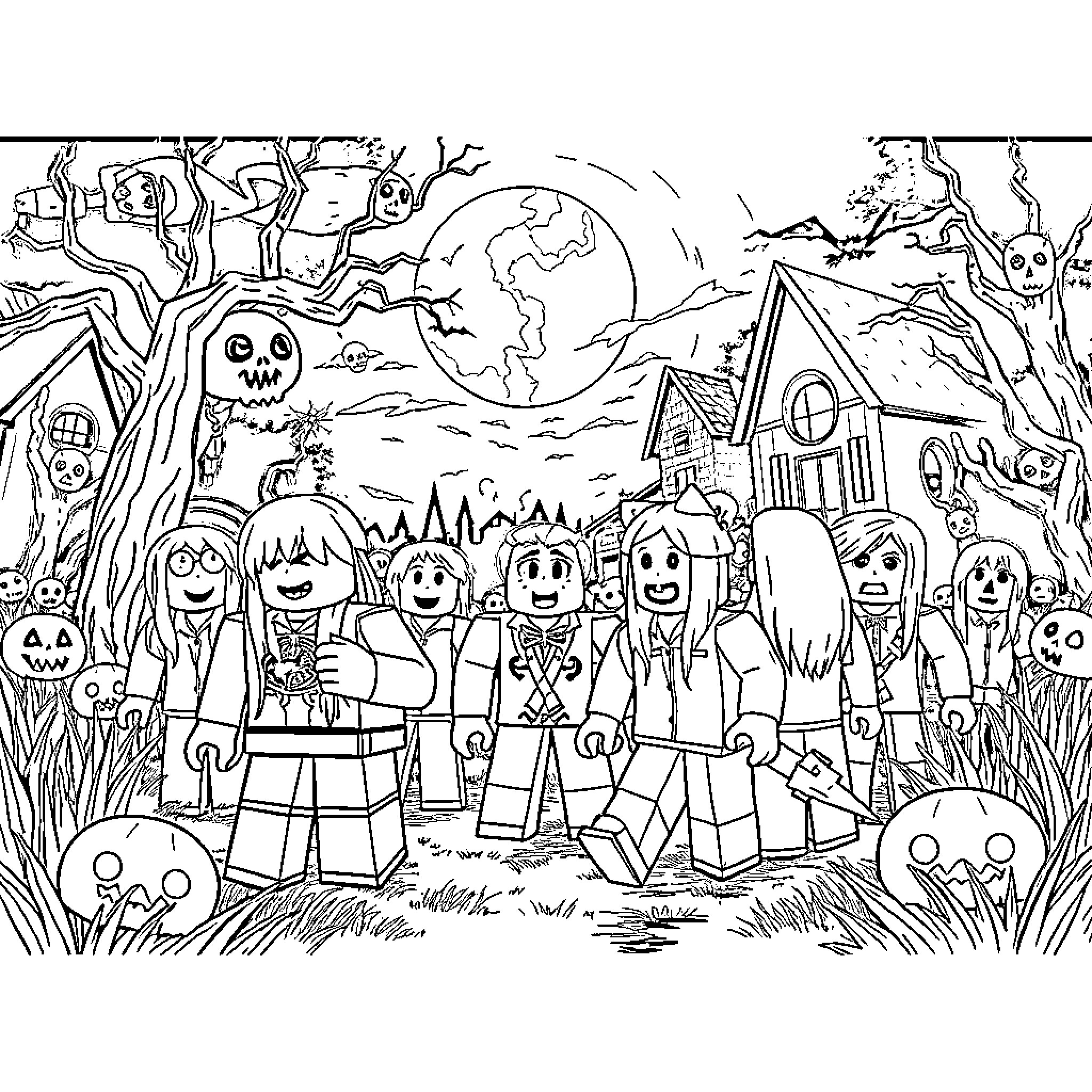 Roblox Characters in Spooky Halloween Scene Coloring Page (free black-and-white line drawing printable PDF for all, from beginners to advanced learners, including children, teens, adults, and seniors)