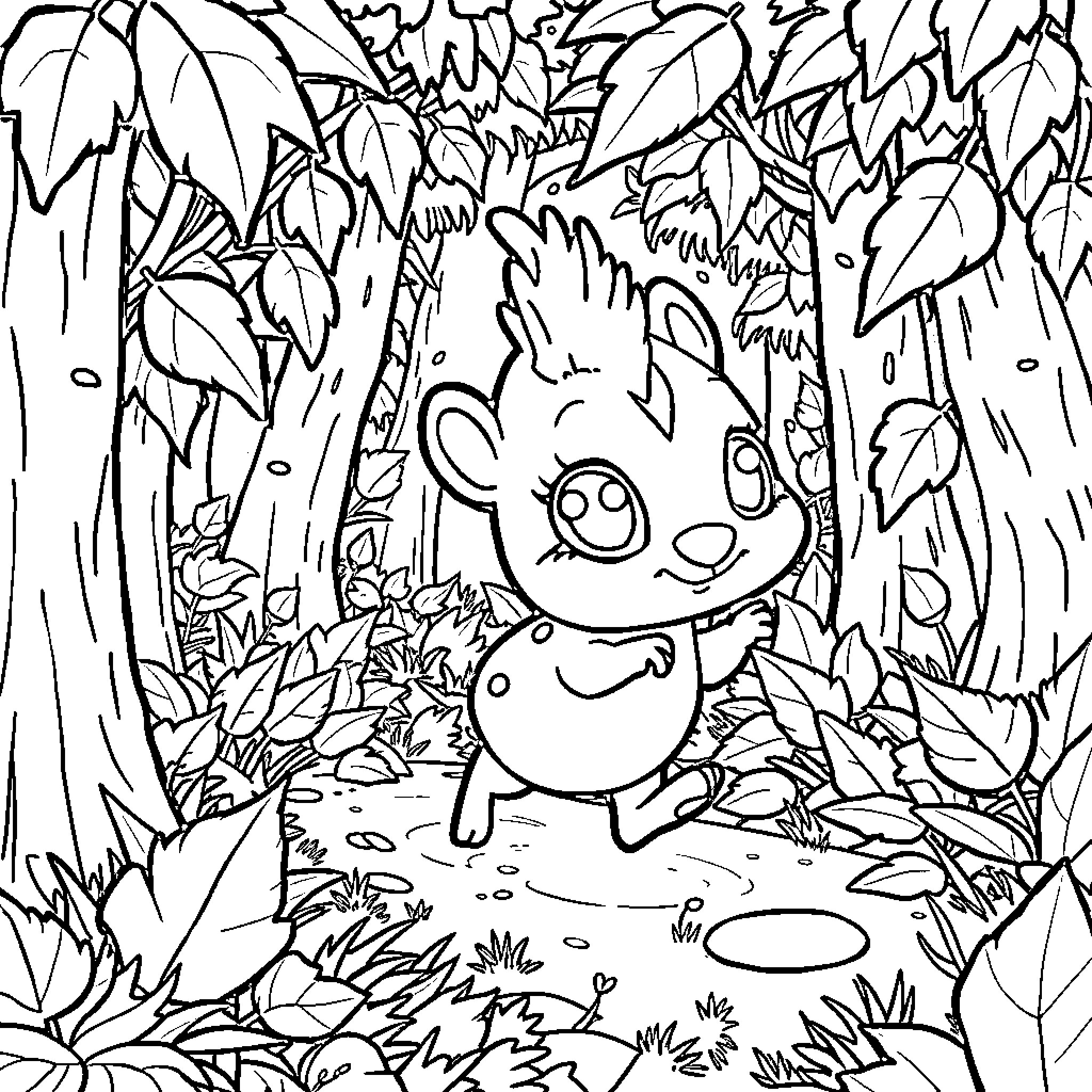 Sprunki exploring the enchanted forest Coloring Page (free black-and-white line drawing printable PDF for all, from beginners to advanced learners, including children, teens, adults, and seniors)