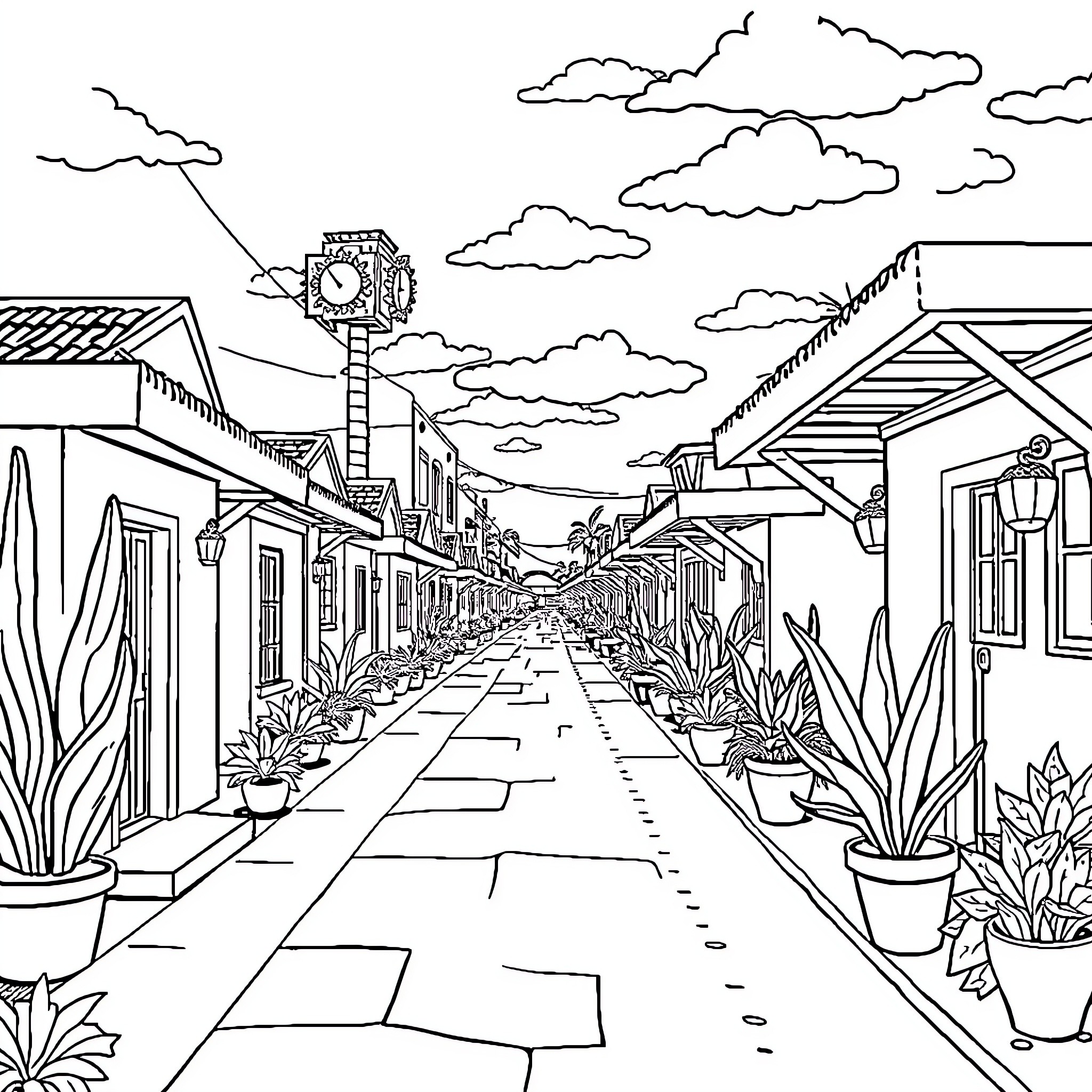Casita Village Street Scene with Plants and Architecture Coloring Page (free black-and-white line drawing printable PDF for all, from beginners to advanced learners, including children, teens, adults, and seniors)